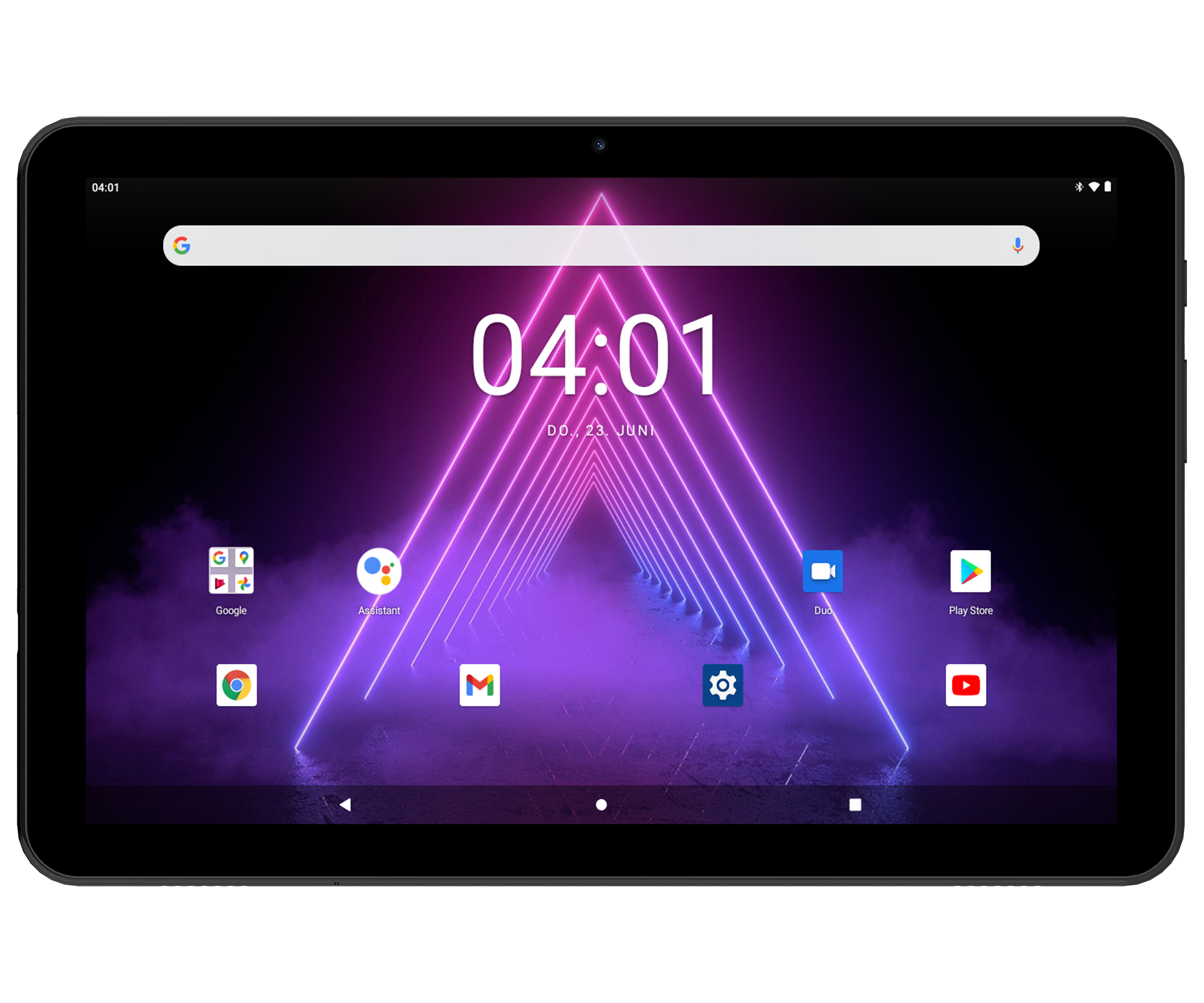 Schwarzes Tablet mit einem Startbildschirm mit Apps und der Uhrzeit.