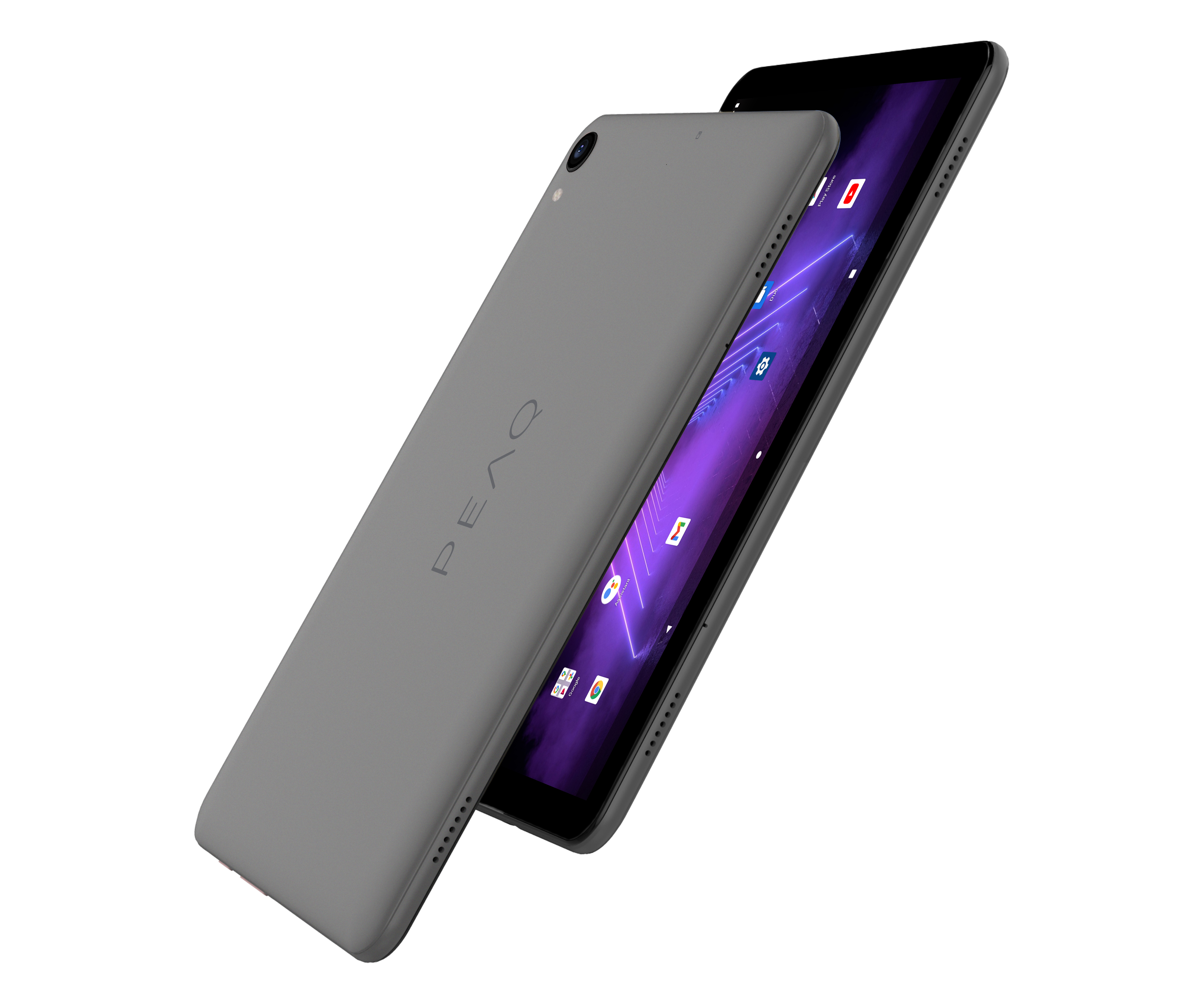 Zwei graue Tablets, eines abgewinkelt, mit lila Grafiken, isoliert auf Weiß.
