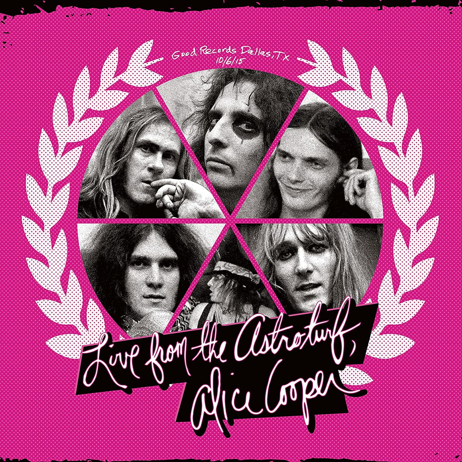 A 'Live from the Astroturf, Alice Cooper' album borítója rózsaszín háttérrel.