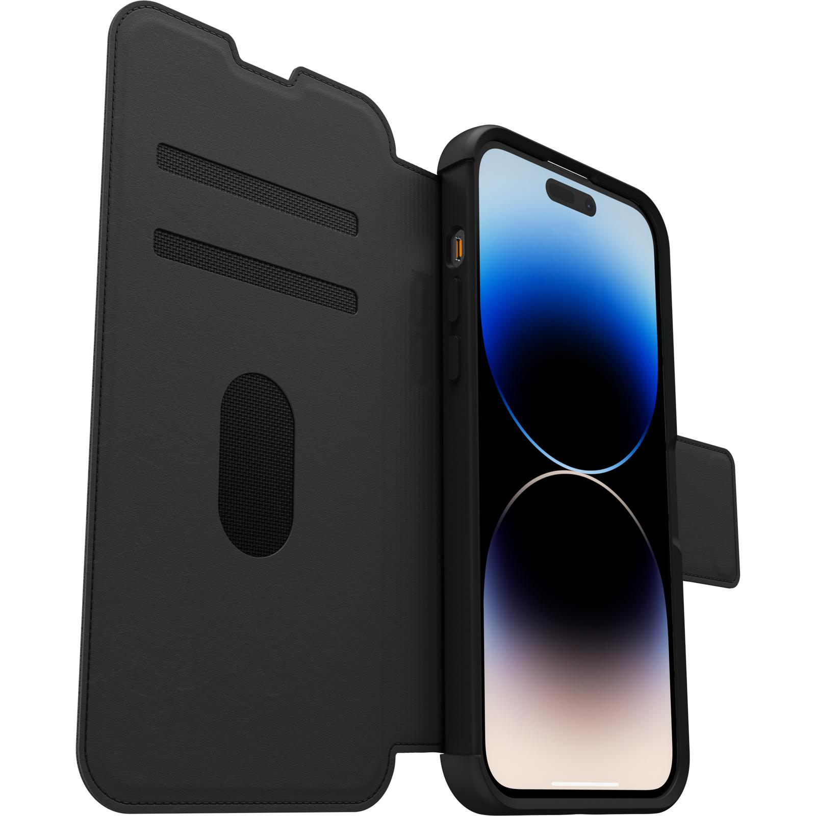Schwarzes Telefon in einer schwarzen Brieftasche. Der Telefonbildschirm zeigt ein blaues und weißes Bild.