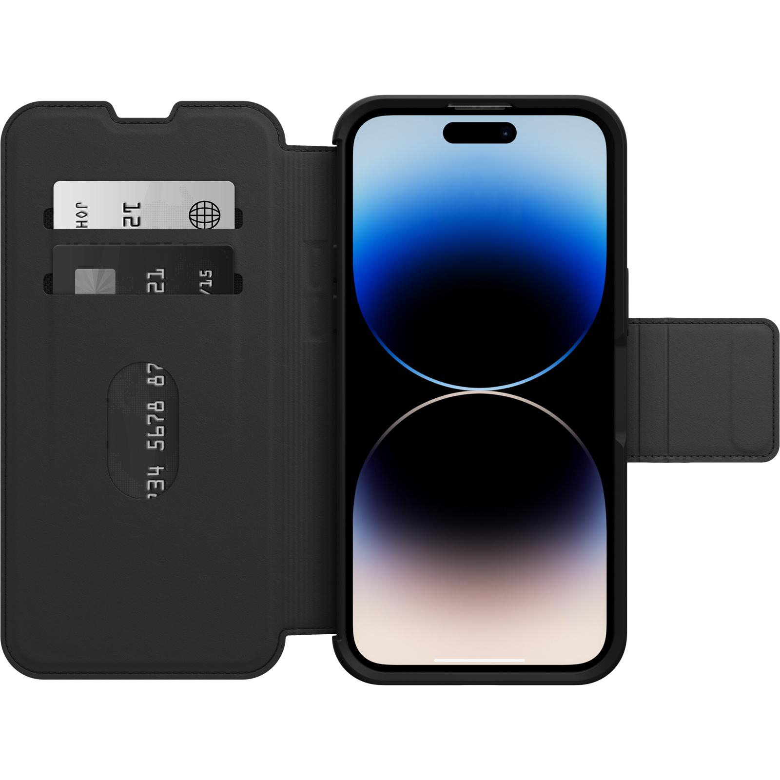Schwarze Handyhülle mit Kreditkartenfächern, die ein Telefon mit blau-weißem Bildschirm hält.