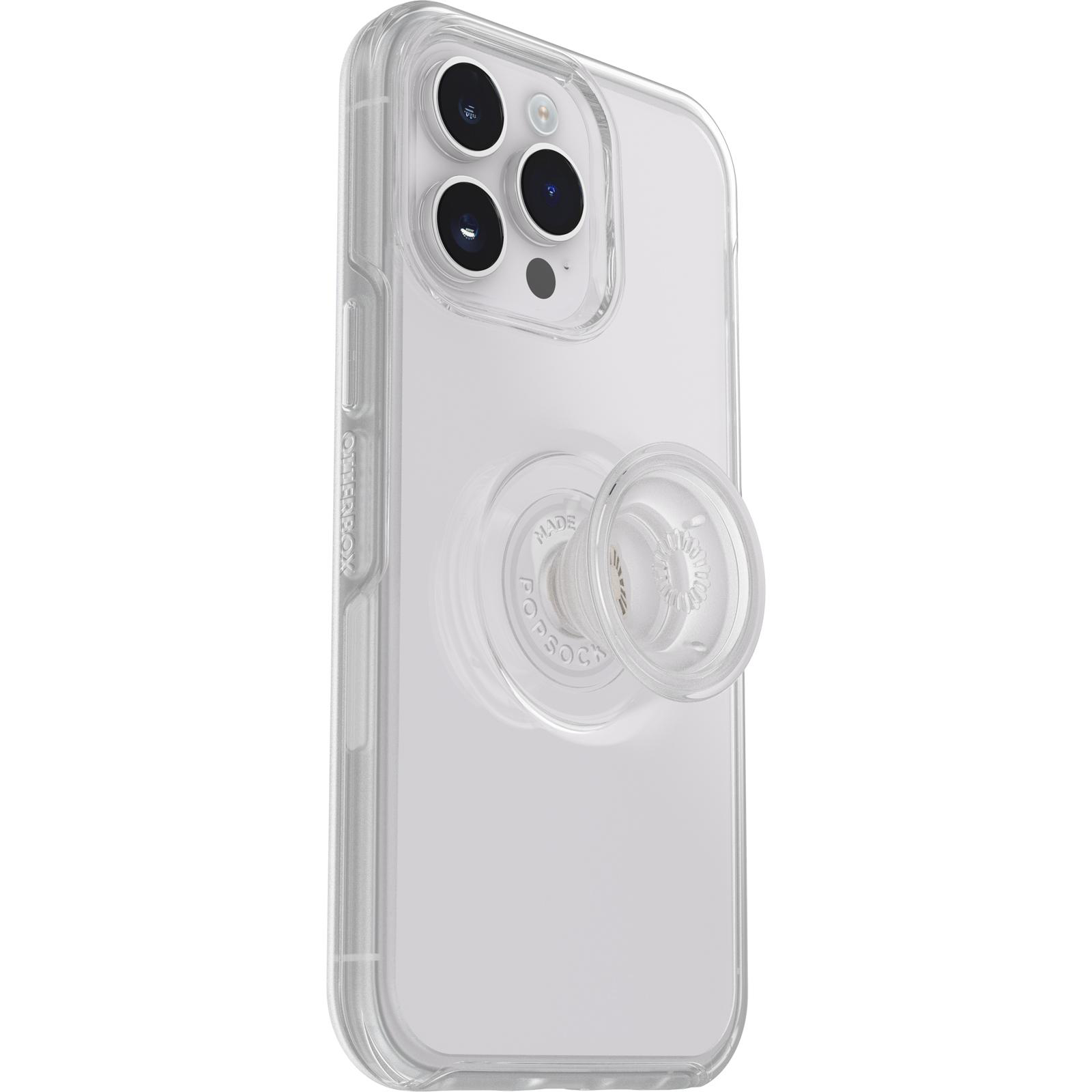Transparente Handyhülle mit Popsocket. Das Telefon hat drei Kameras. Weißer Hintergrund.