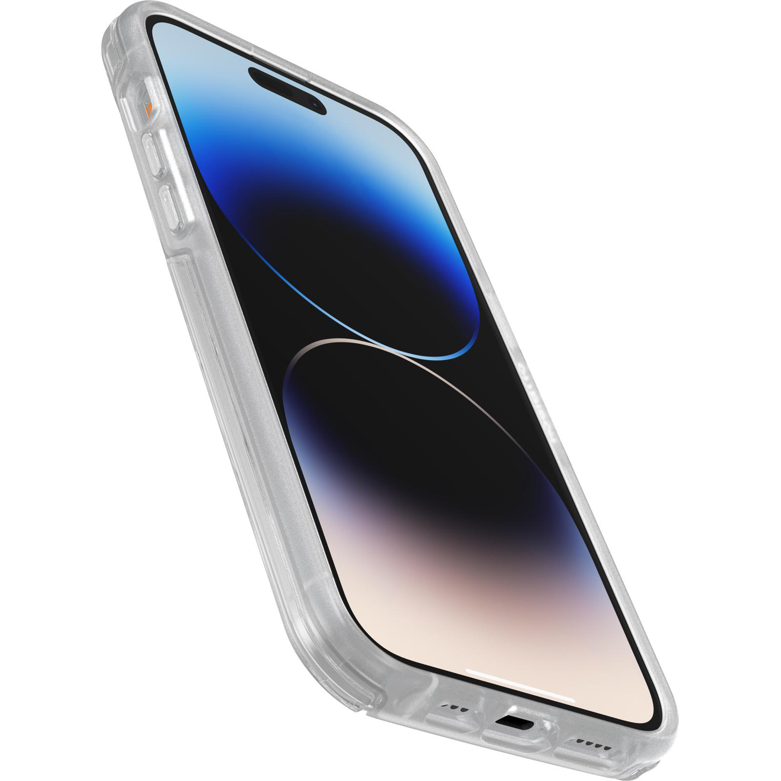 Nahaufnahme einer transparenten Handyhülle auf einem iPhone 14 Pro, leicht angewinkelt.