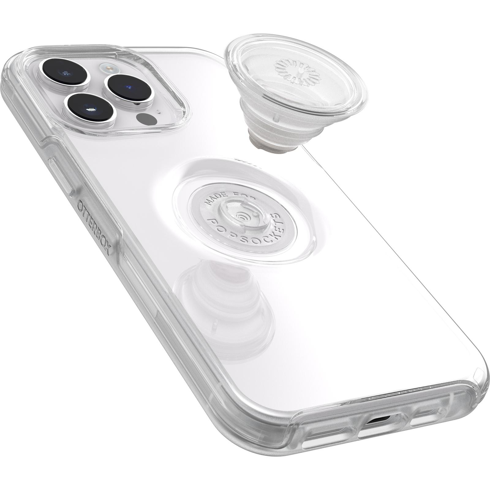 Transparente Handyhülle mit weißem Popsocket. Telefon hat drei Kameralinsen.