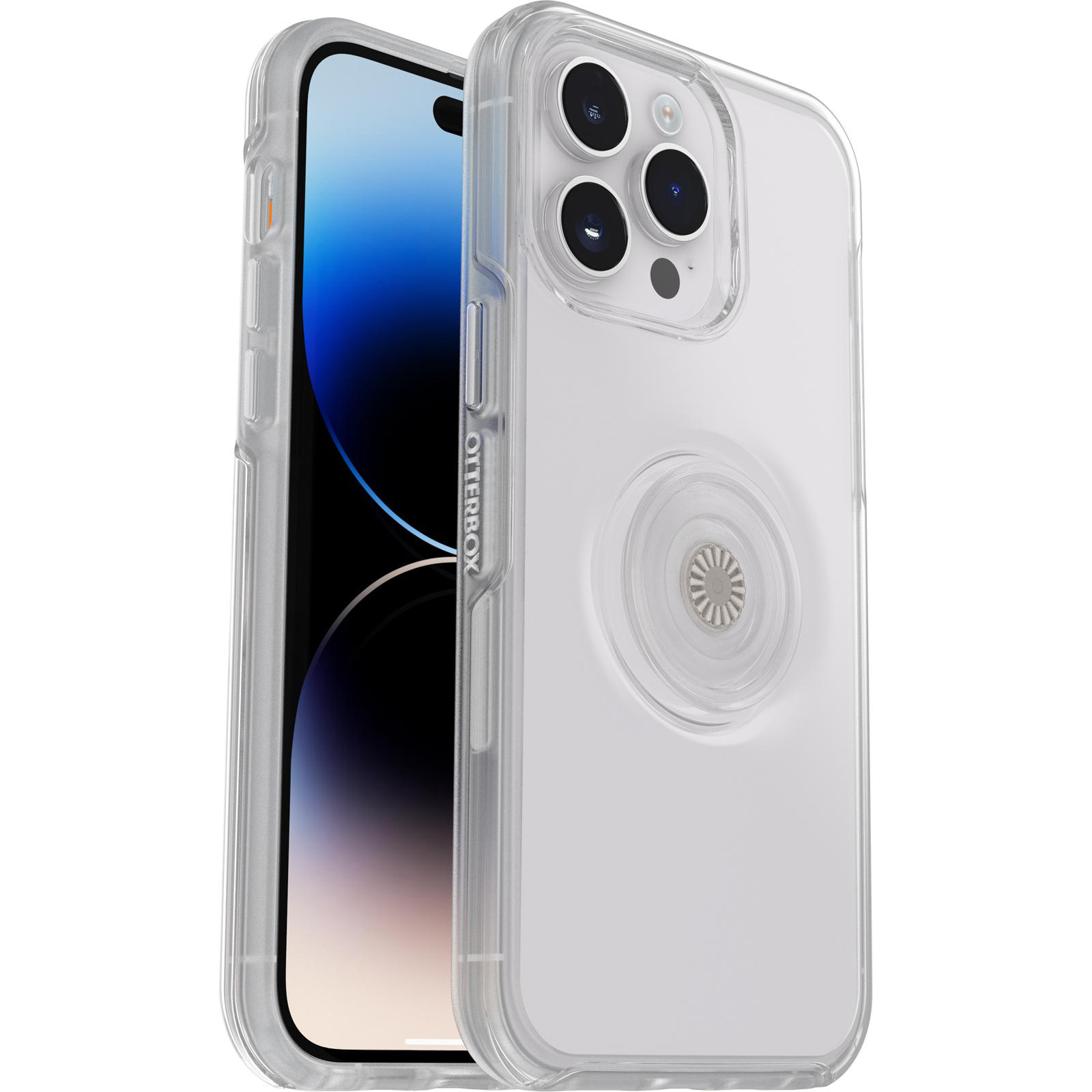 Transparente Otterbox-Handyhülle mit eingebautem Pop-Socket, zeigt die Rückseite.