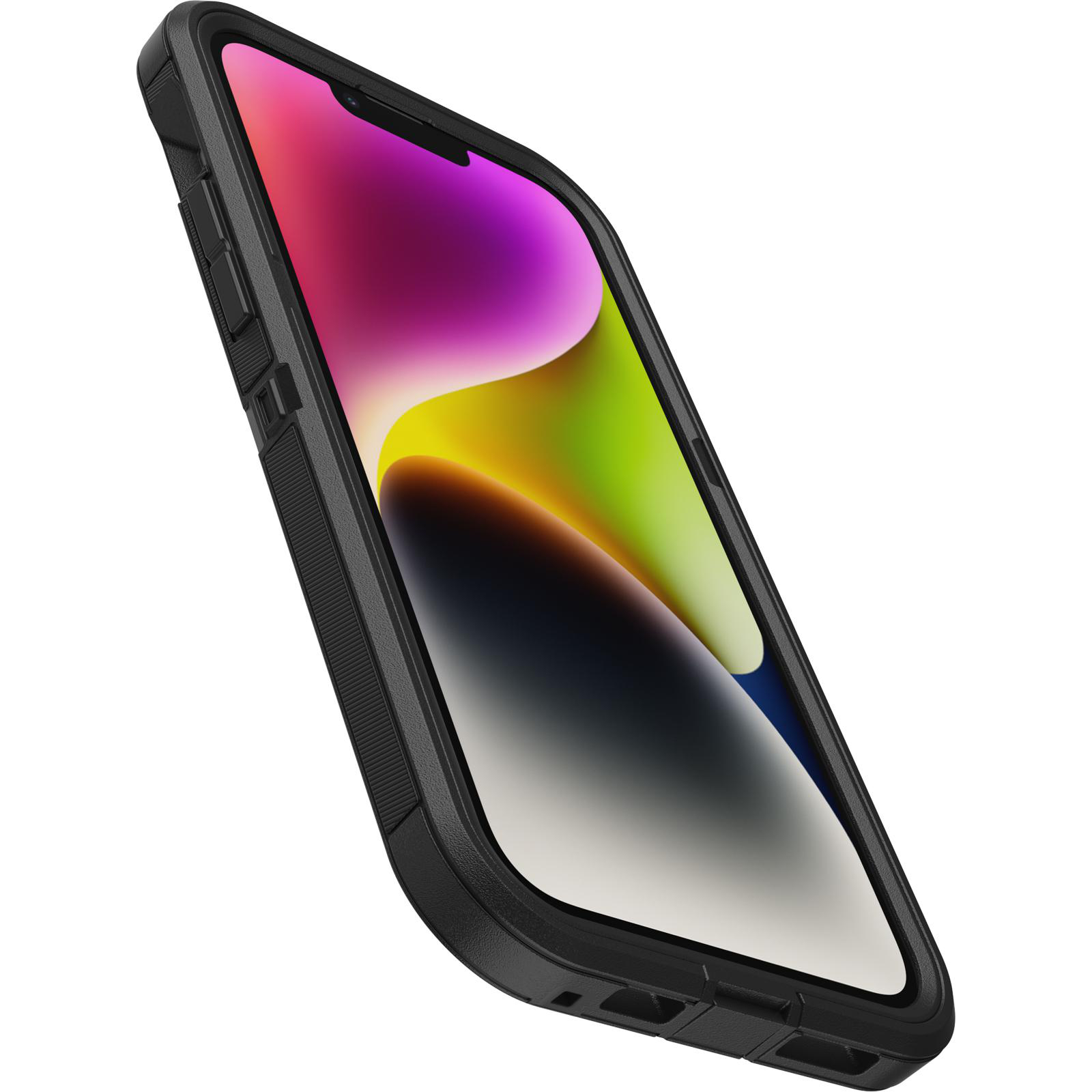 Schwarze Handyhülle mit Telefon darin, schräge Ansicht, weißer Hintergrund.