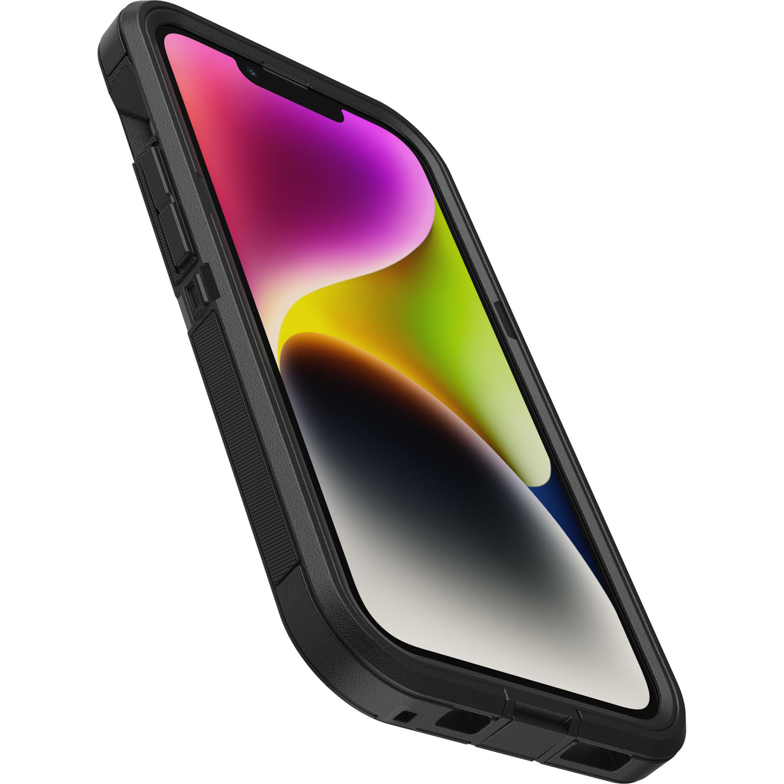 Eine schwarze Handyhülle auf einem Telefon, angewinkelt, um den Bildschirm zu zeigen. Es hat einen schwarzen Rahmen und einen farbenfrohen Bildschirm.