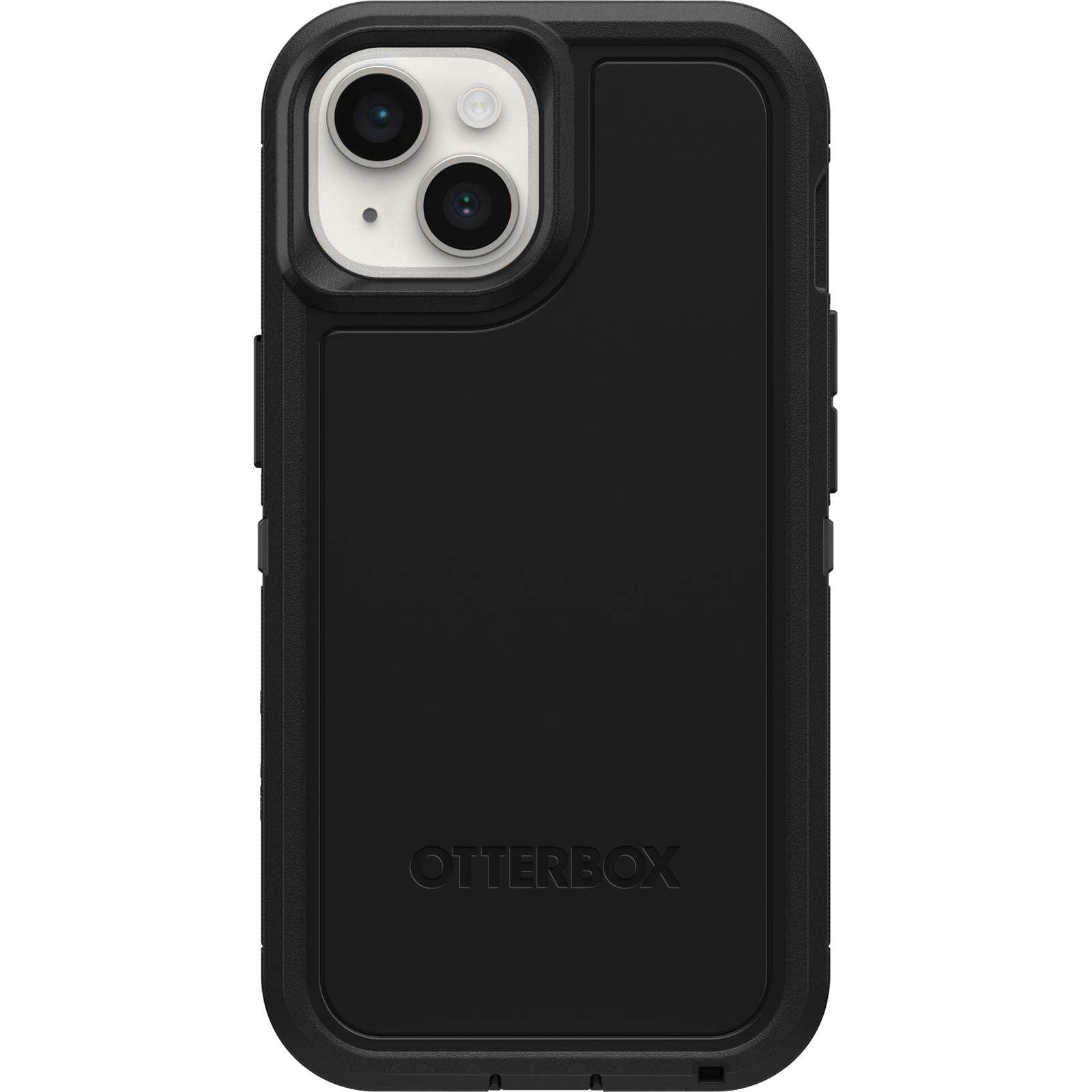 Schwarze Handyhülle mit schwarzem Otterbox-Logo. Duale Kamera und Blitz auf der Rückseite. Schwarze Kanten.