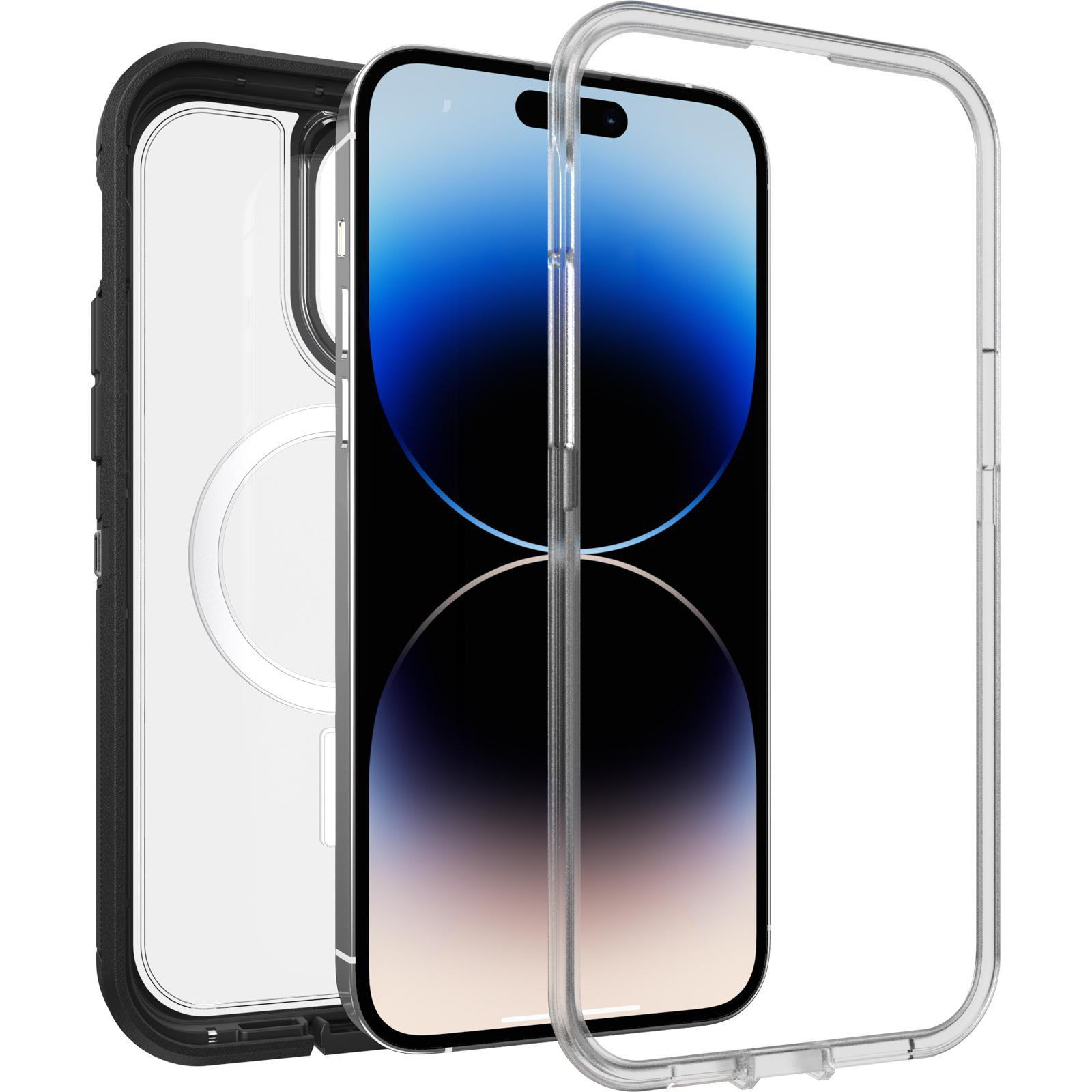 Transparente Handyhülle mit Handy, zeigt blauen Bildschirm.