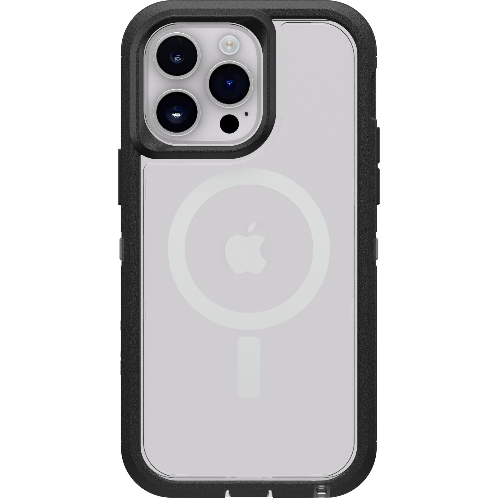 Schwarzes iPhone in einer schwarzen und klaren Hülle.