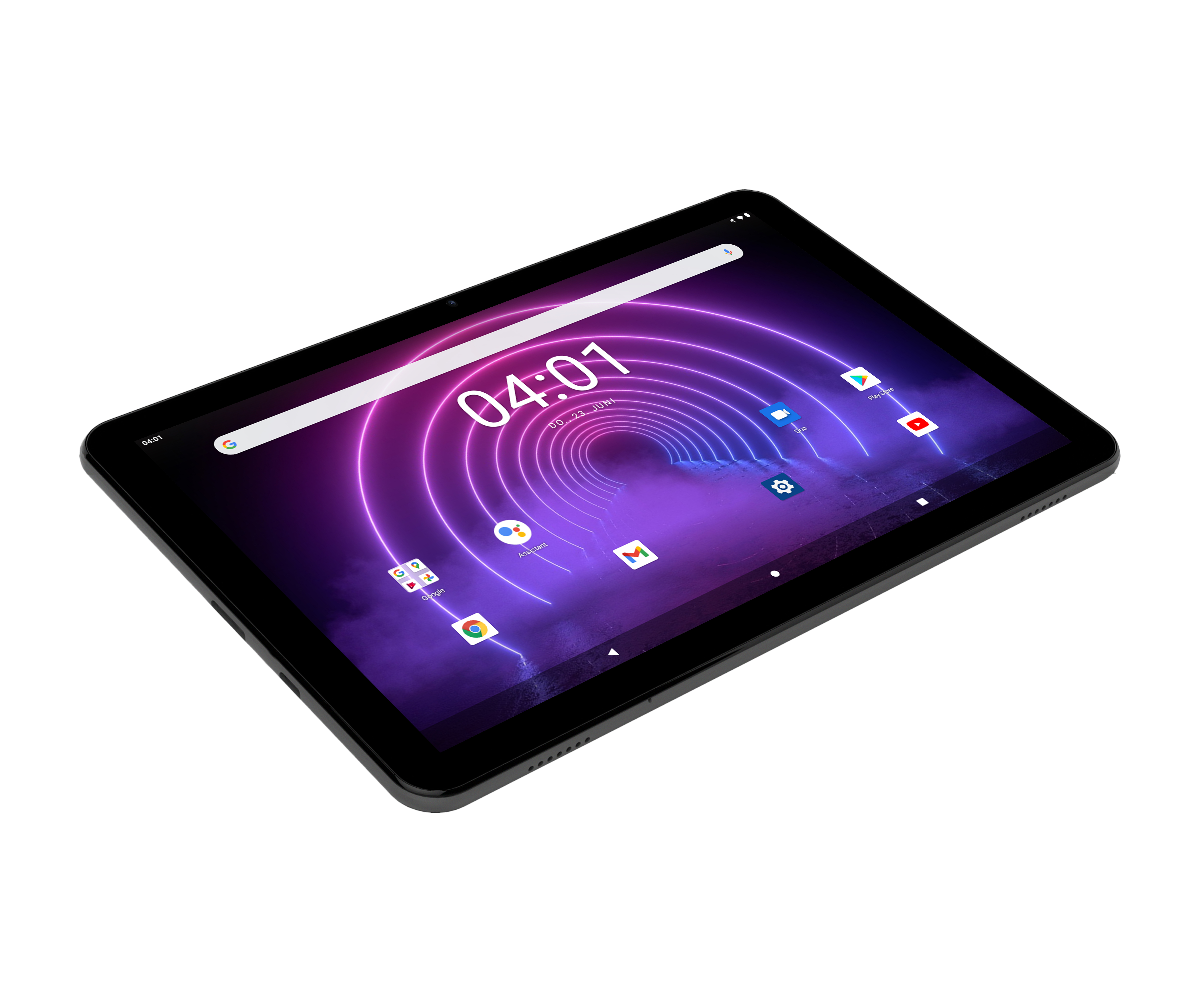 Tablet mit digitaler Oberfläche mit Symbolen. Schwarzer Rahmen, weißer Hintergrund.