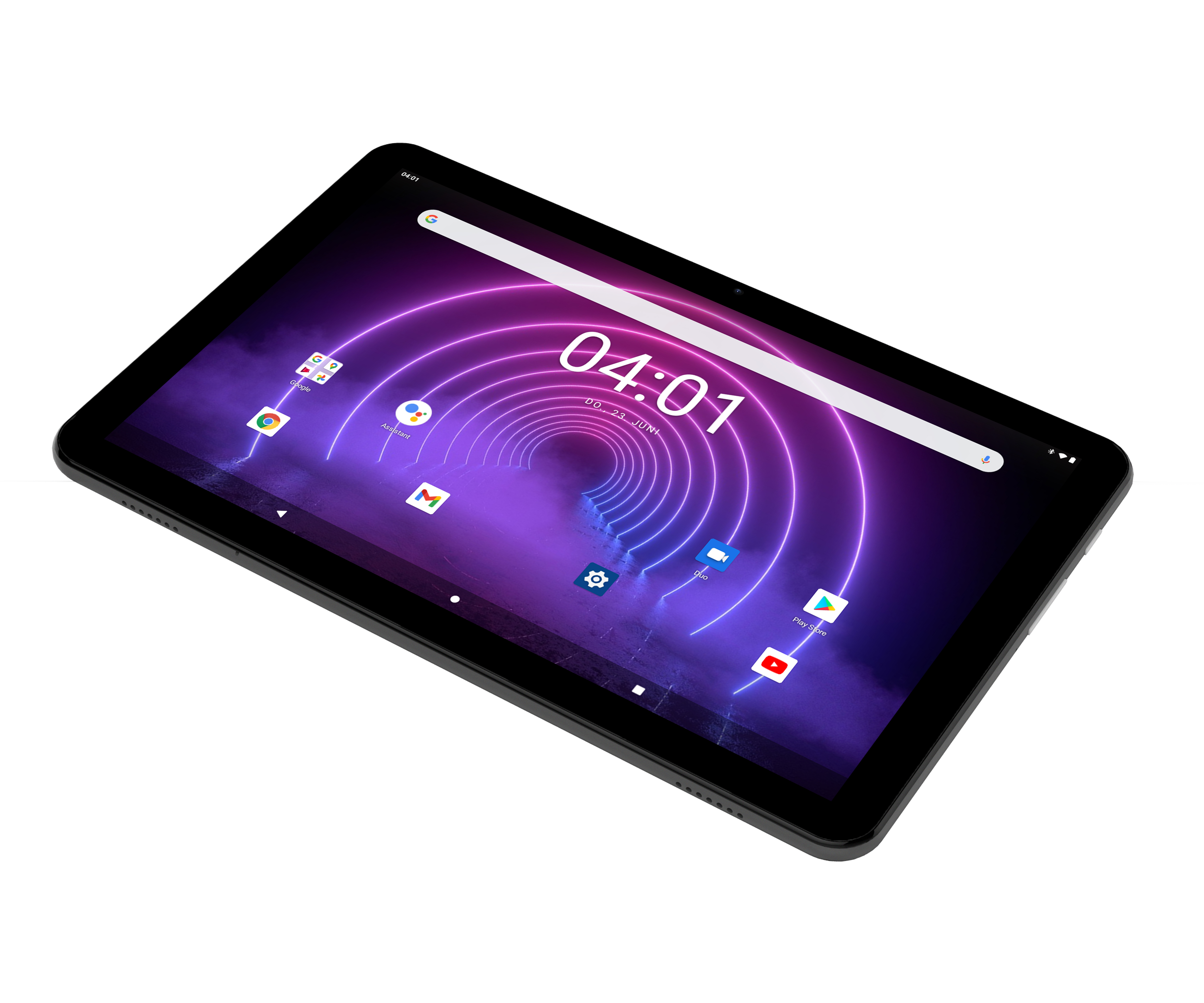 Schwarzes Tablet mit leuchtender Oberfläche. Der Bildschirm zeigt eine Uhr und App-Symbole in Lila.