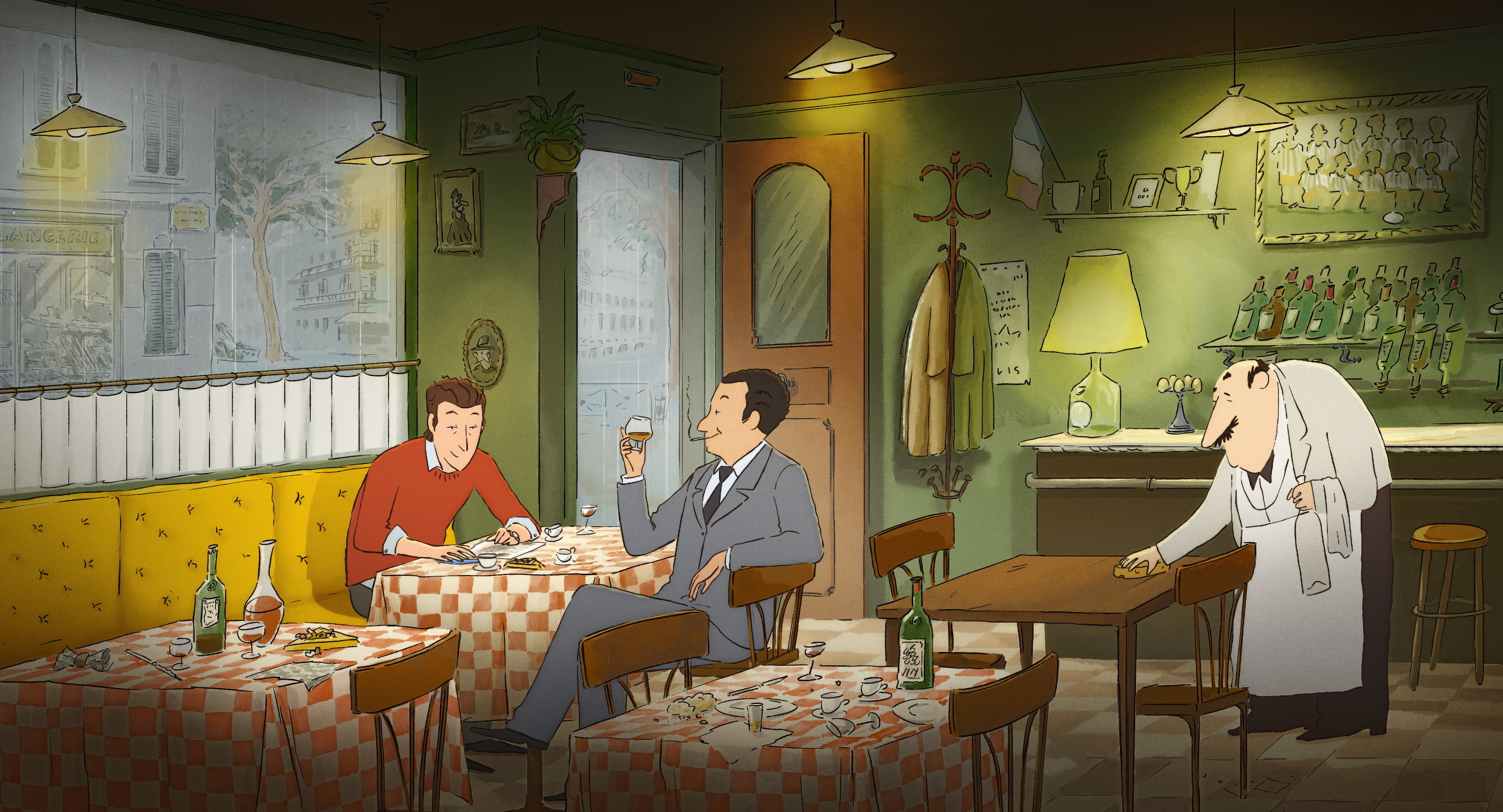 Cartoon-Szene in einem Café mit sitzenden Personen und einem Kellner.