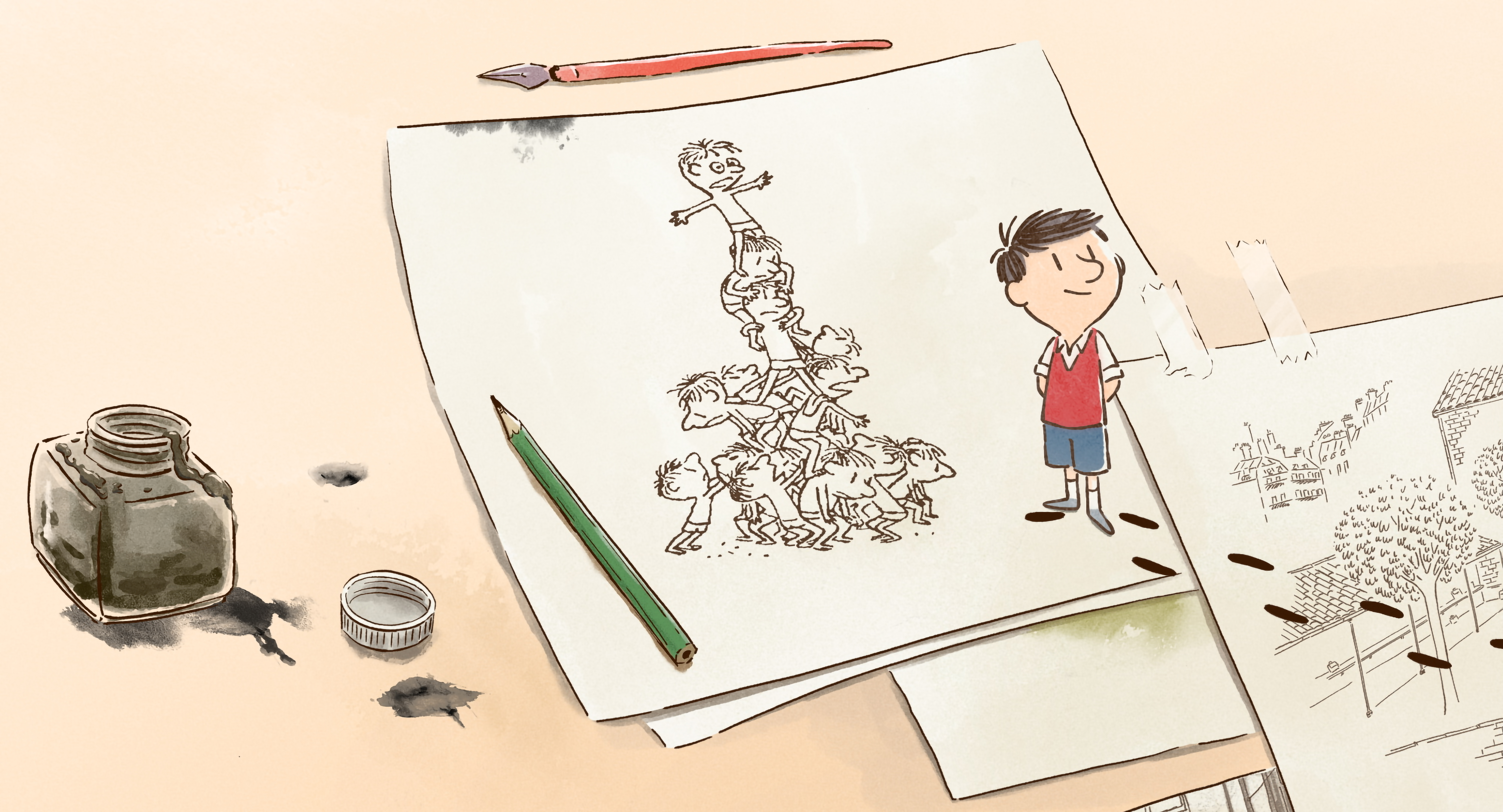 Illustration eines Jungen auf Figuren. Zeichenmaterialien liegen daneben.