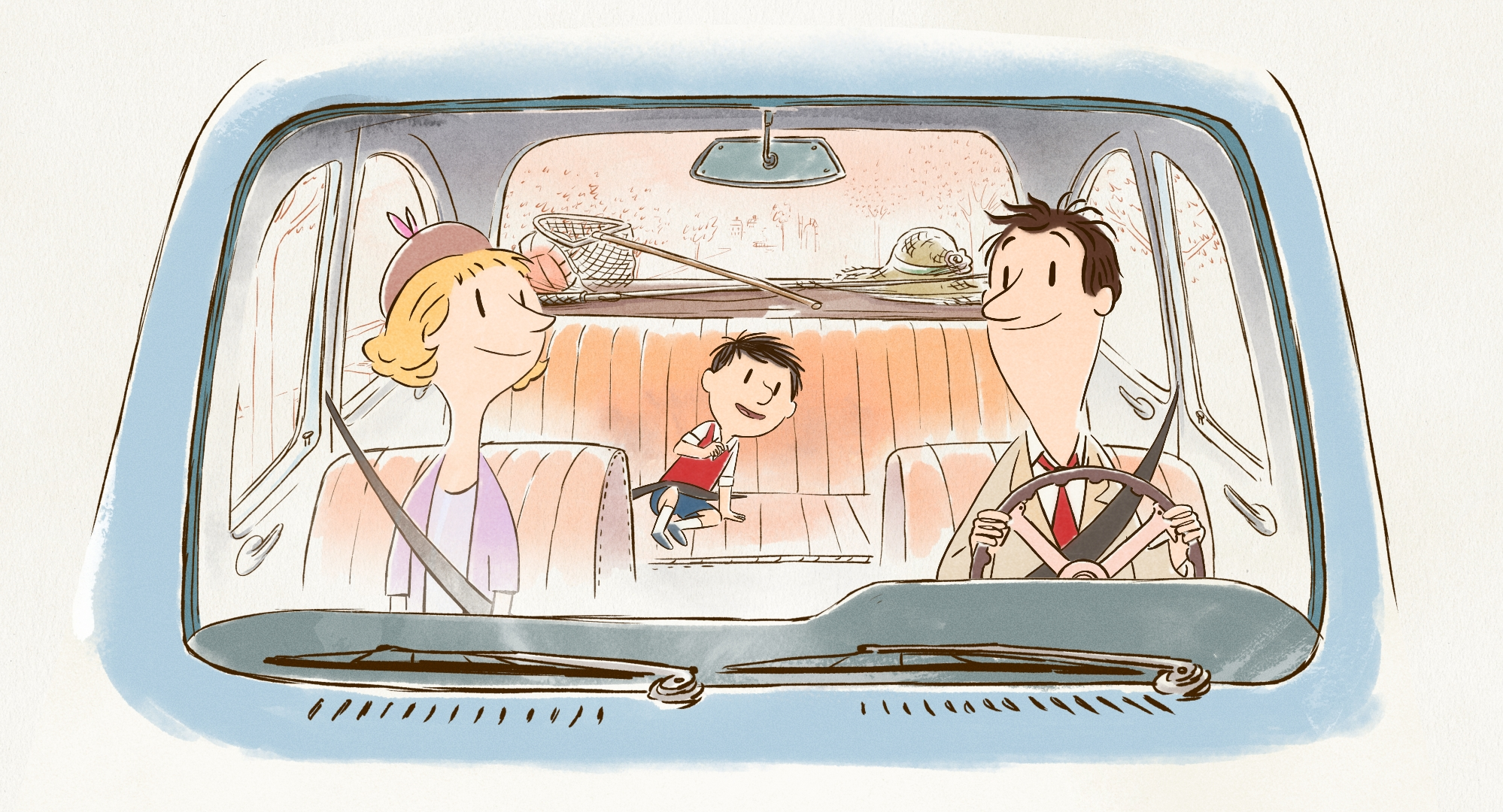 Eine Cartoon-Familie in einem Auto, ein Mann fährt, eine Frau und ein Junge hinten.