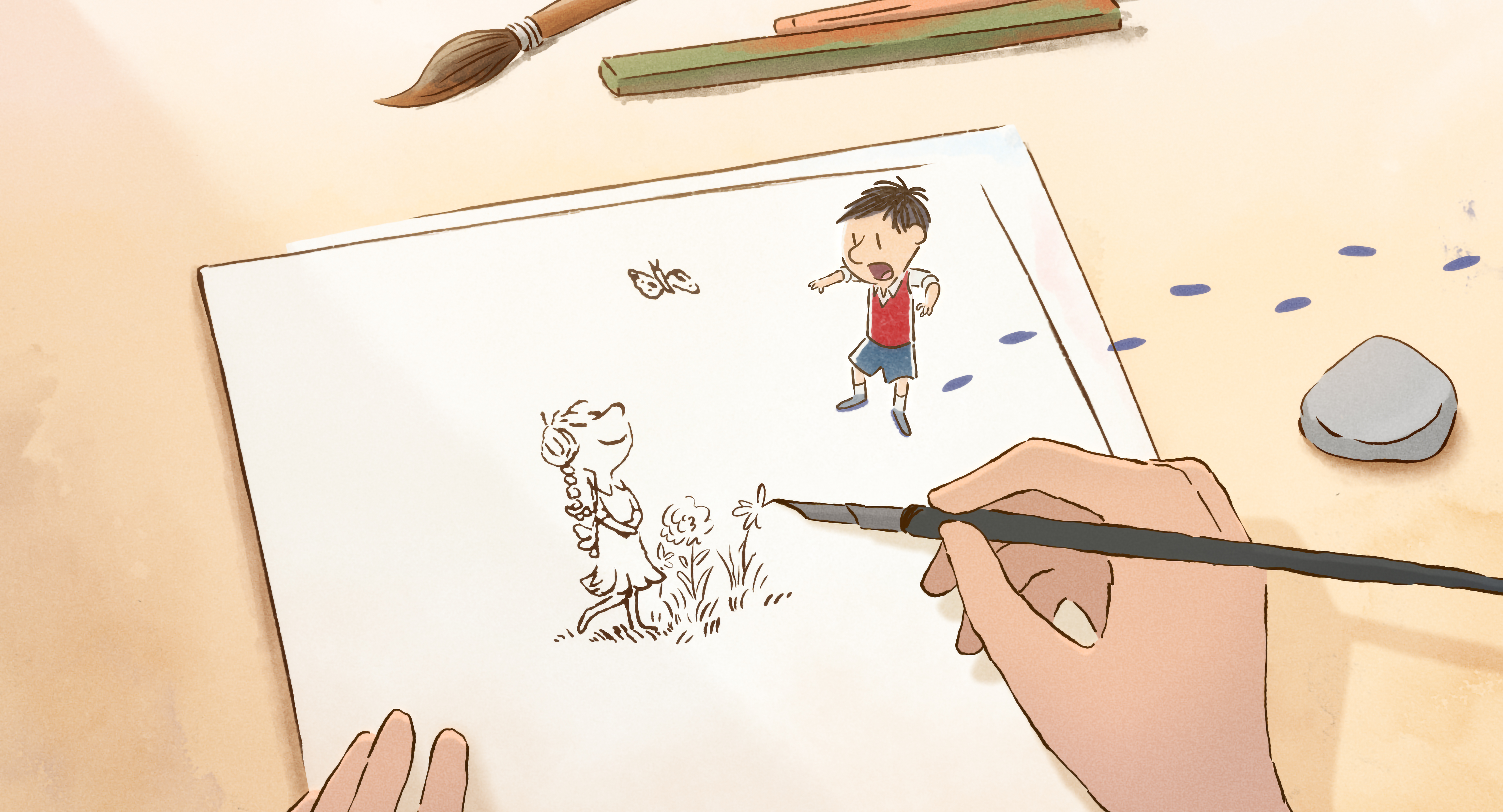 Illustration eines Jungen und eines gezeichneten Hirsches.