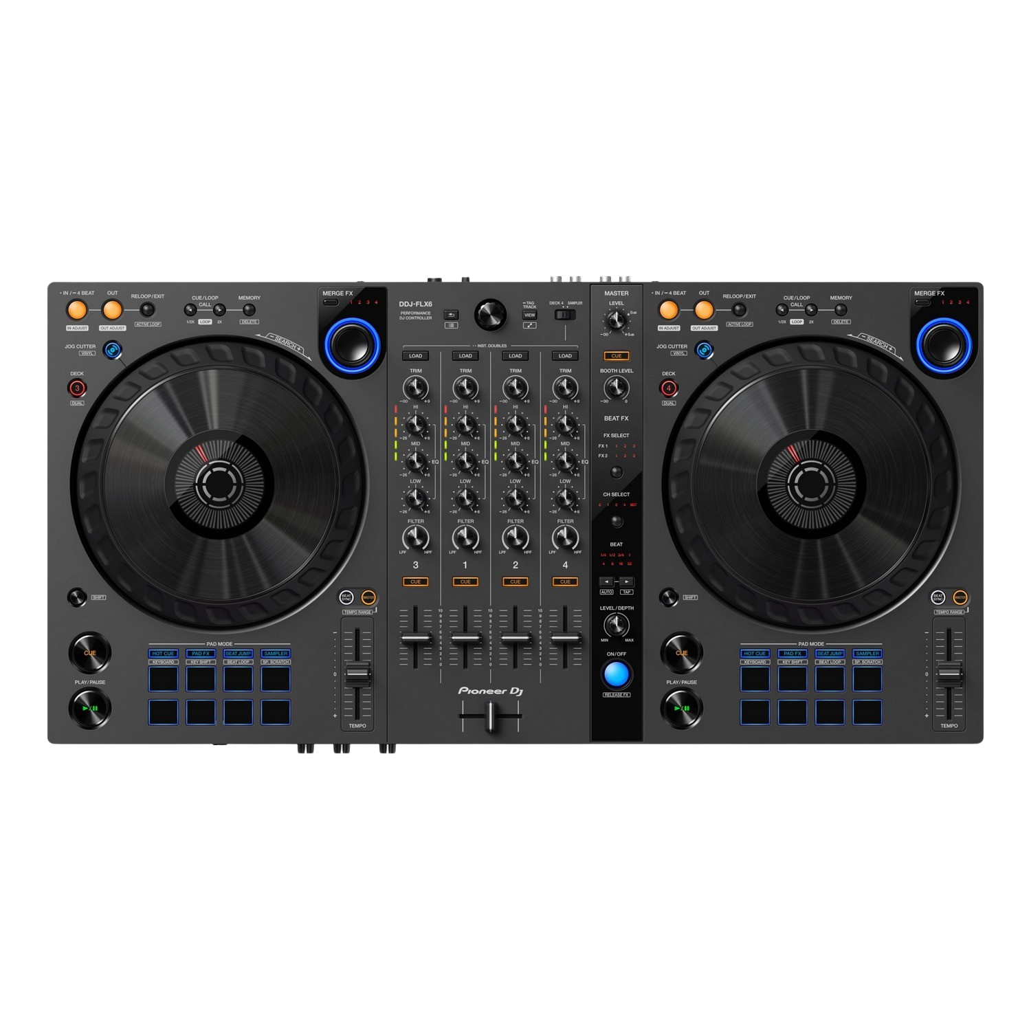 Zwarte DJ-controller met veel knoppen, knoppen en twee draaitafels. Pioneer DJ staat linksboven.