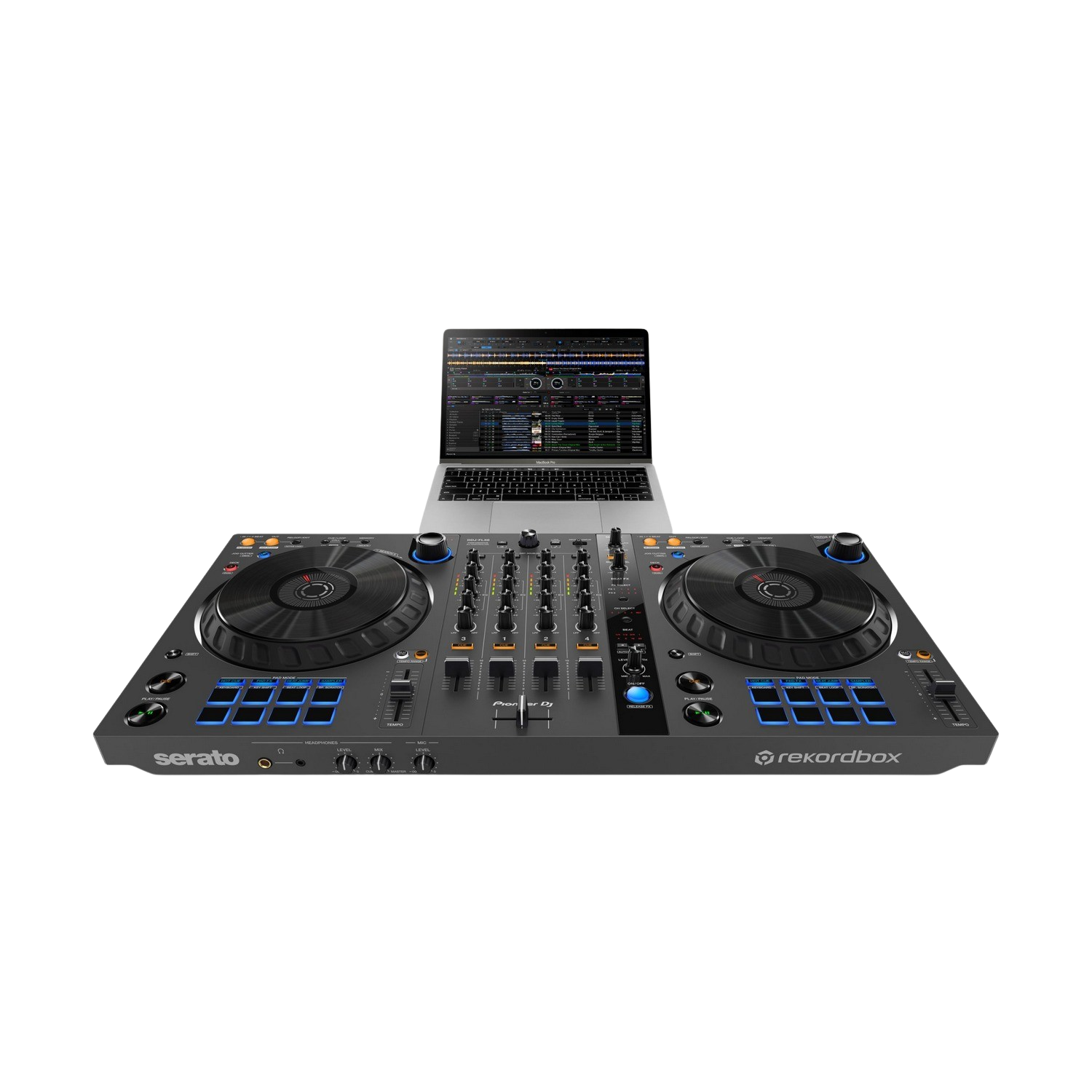 DJ-controller met laptop op zwarte achtergrond.