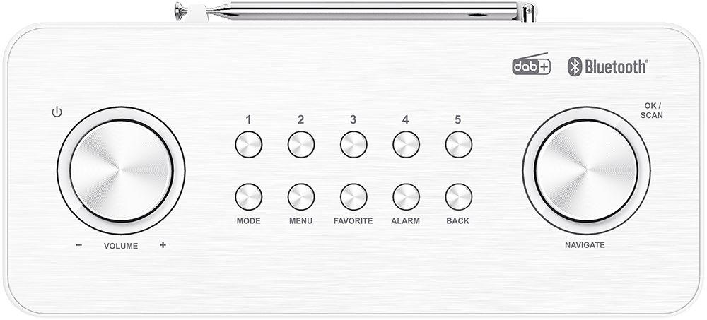 Witte radio met knoppen en afstemknop. DAB+ en Bluetooth logo's. Antenne uitgeschoven.