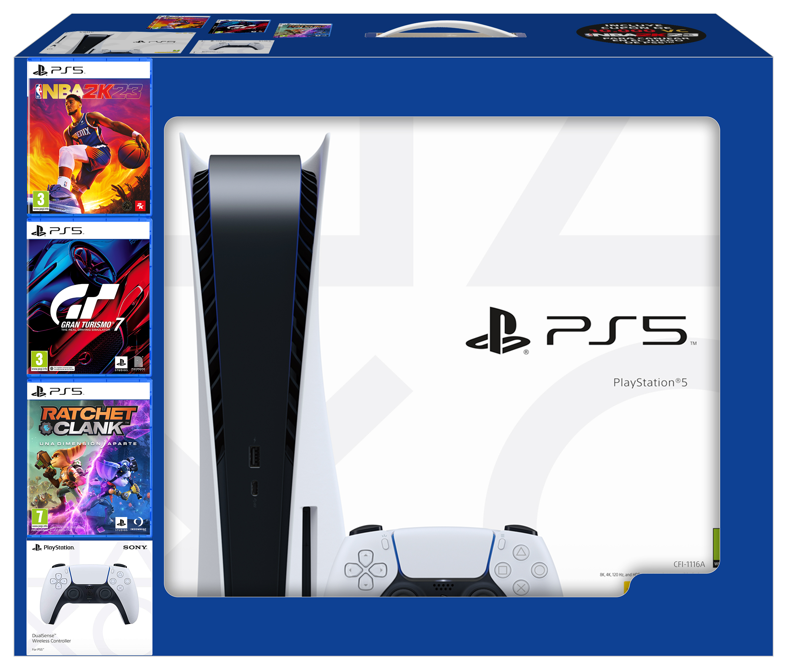 Paquete de PlayStation 5 con juegos. Incluye consola, mando DualSense y cajas de juegos.