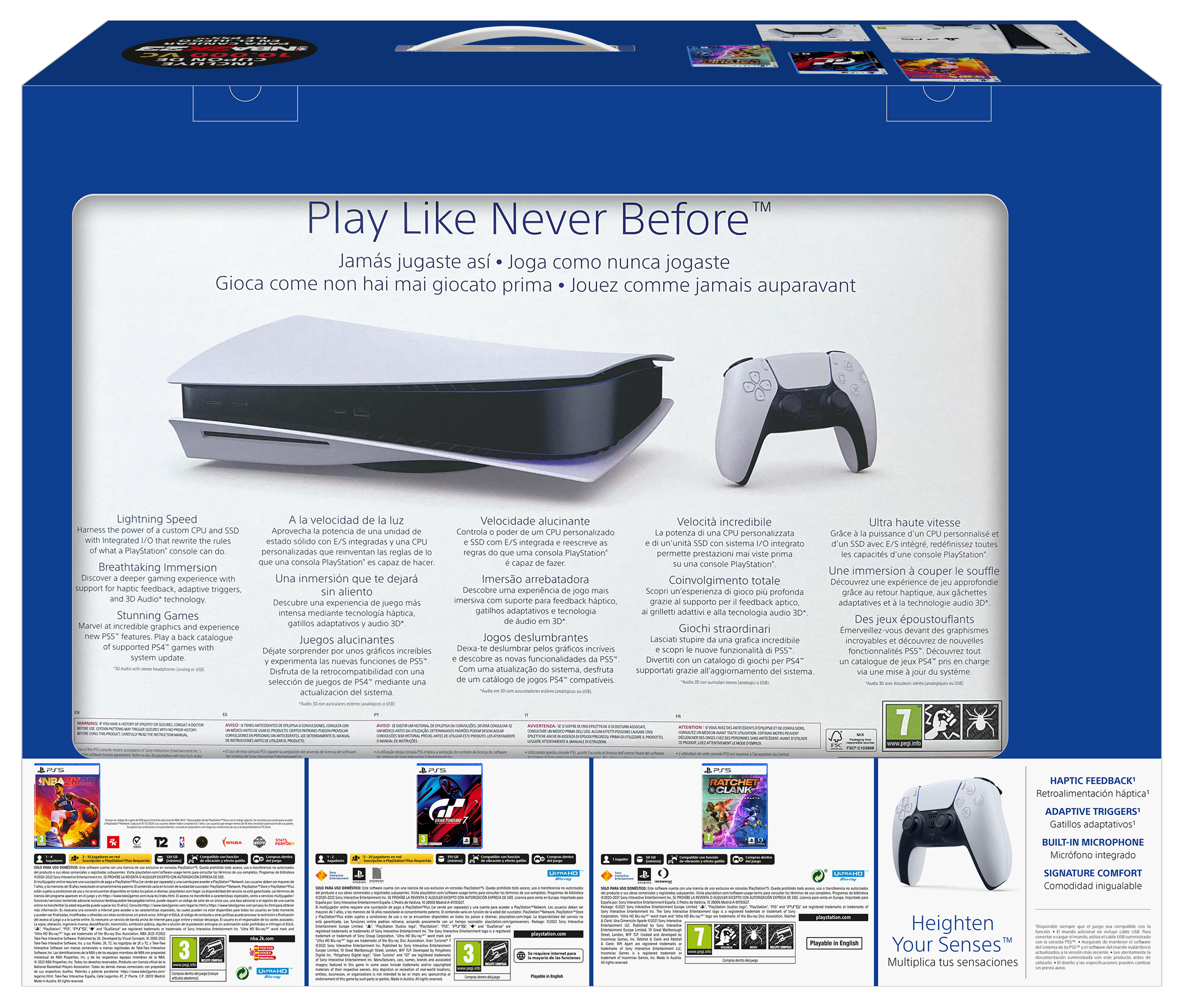 Caja de PlayStation 5. Se muestran la consola y el mando blancos, juegos y accesorios. Texto: Juega como nunca antes.