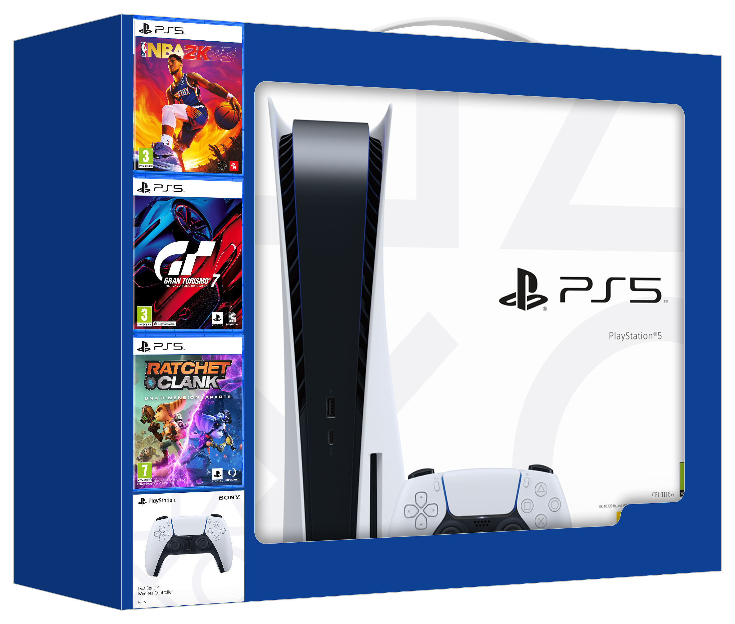 Caja de paquete de PlayStation 5 con consola, mando y tres carátulas de juegos.