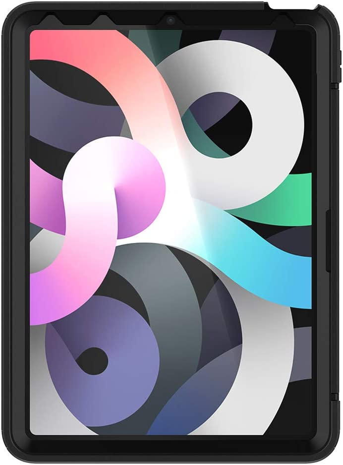 Un iPad en una funda negra con formas abstractas coloridas en la pantalla.
