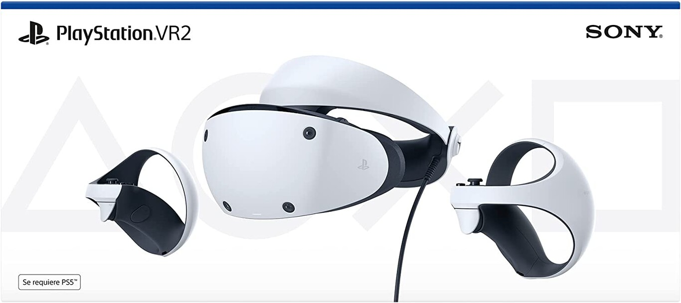 Auriculares PlayStation VR2 con mandos, fondo blanco y logotipo de Sony.