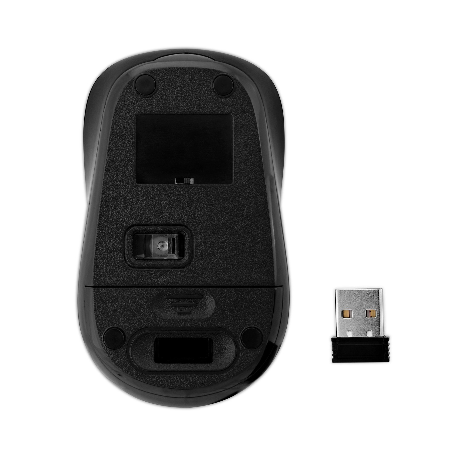 Ratón de computadora negro con un dongle USB.
