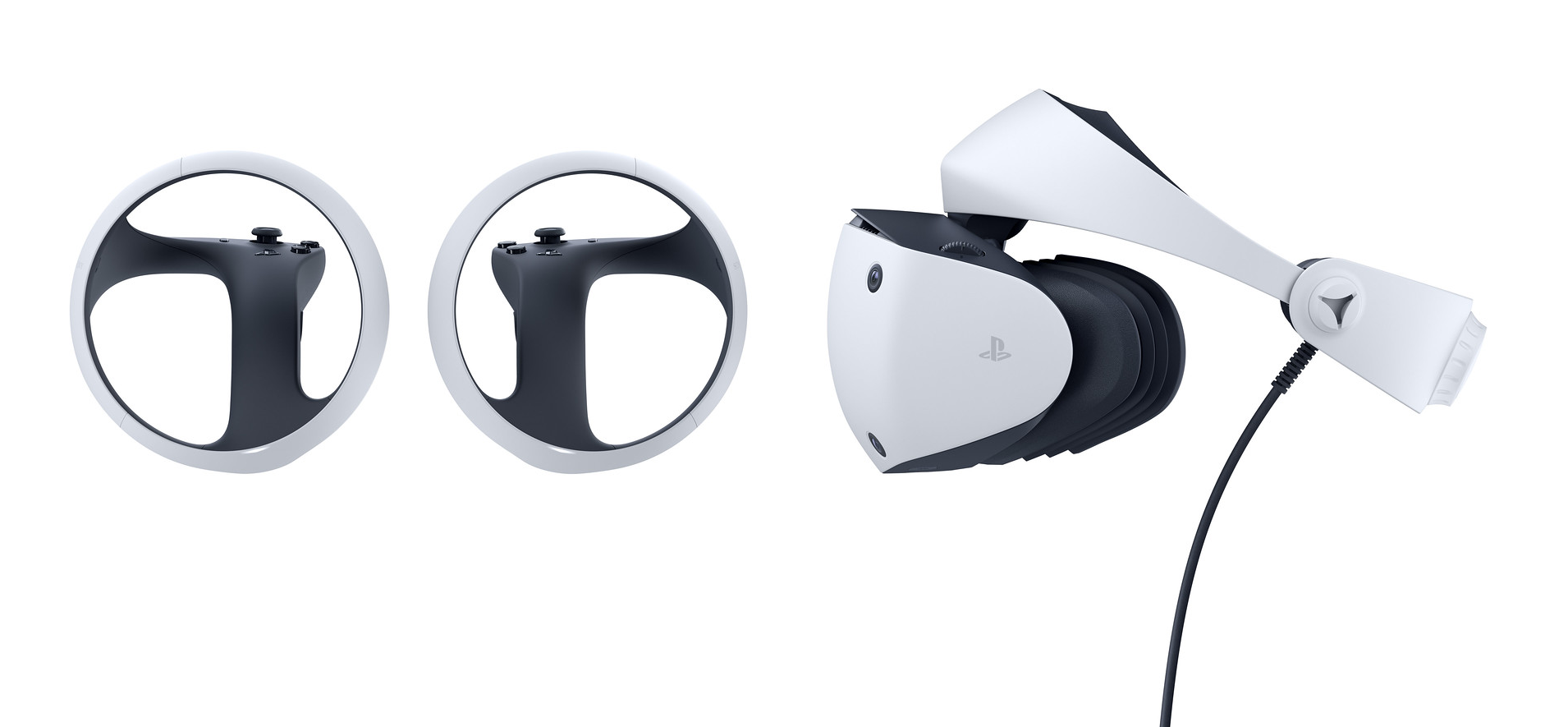 Auriculares y mandos de realidad virtual sobre fondo blanco. Los mandos son blancos y negros.