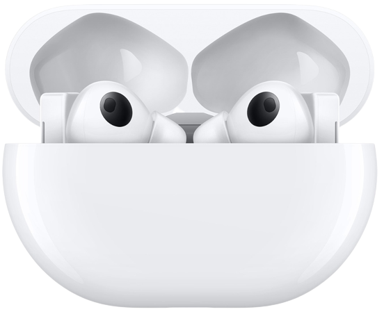 Weiße kabellose Ohrhörer in einem offenen Ladekoffer. Hülle und Knospen sind weiß. Die Knospen sind im Etui, gebrauchsfertig.