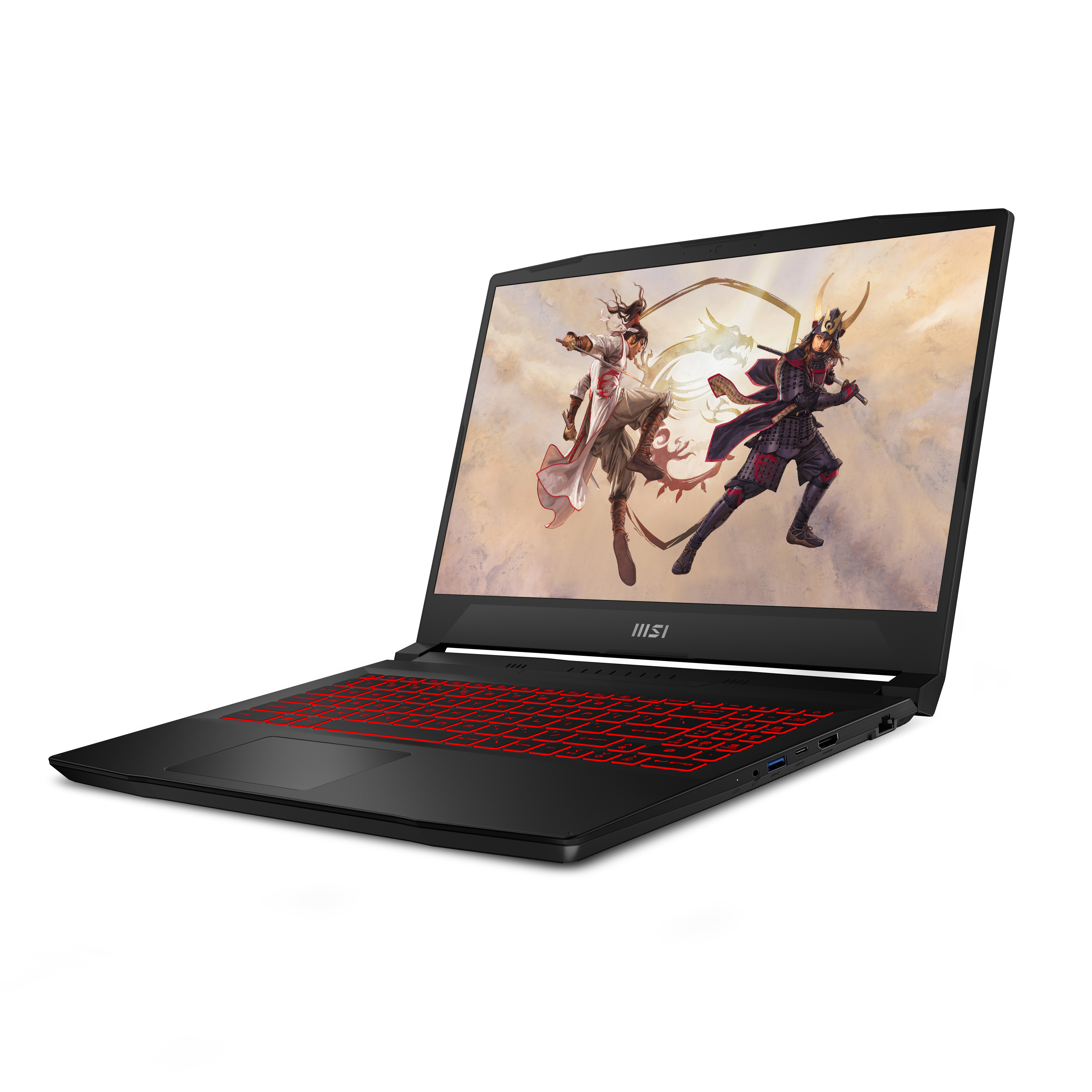 Una computadora portátil negra con un teclado rojo está abierta, mostrando una escena de juego colorida.