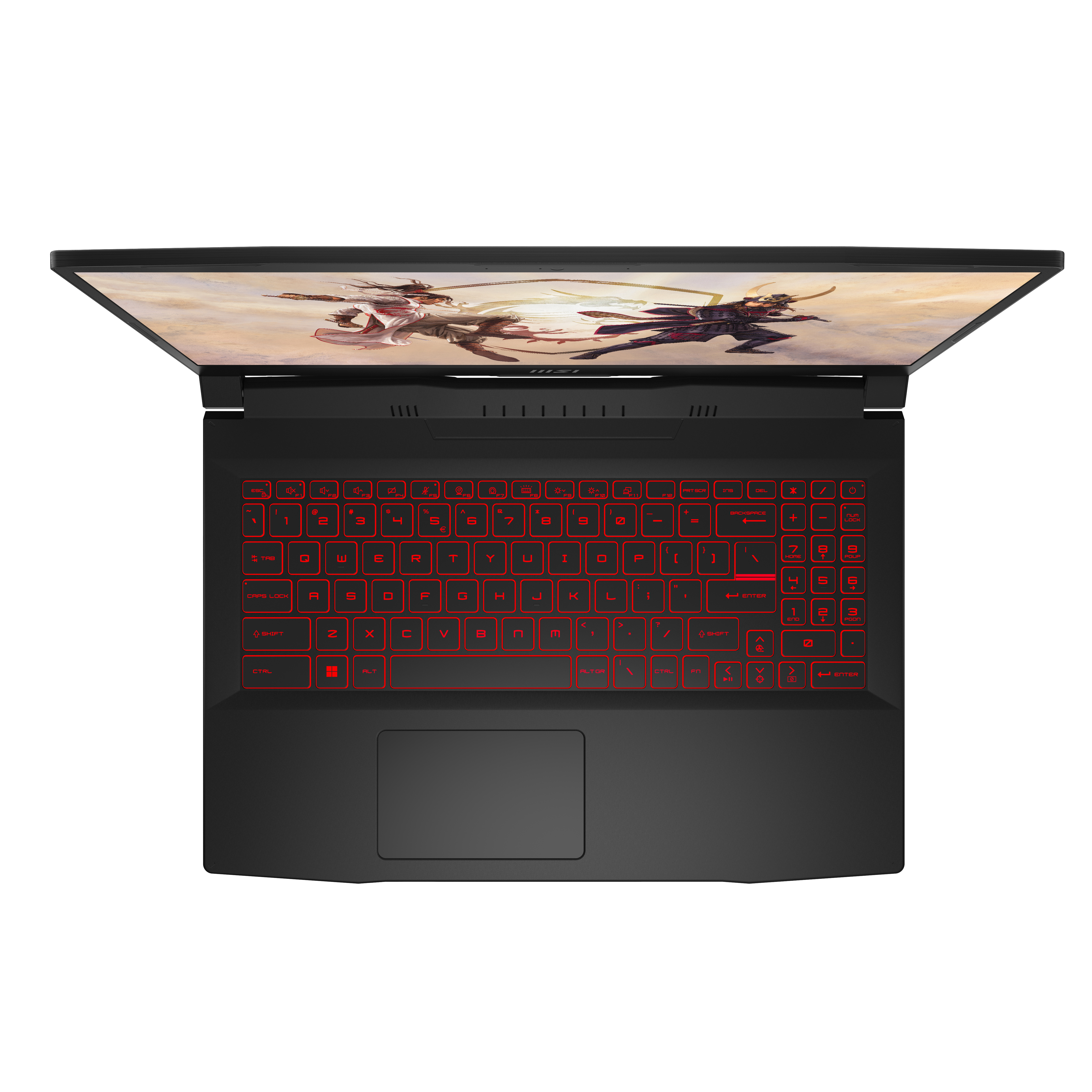 Un portátil negro con teclado retroiluminado en rojo, vista abierta desde arriba.
