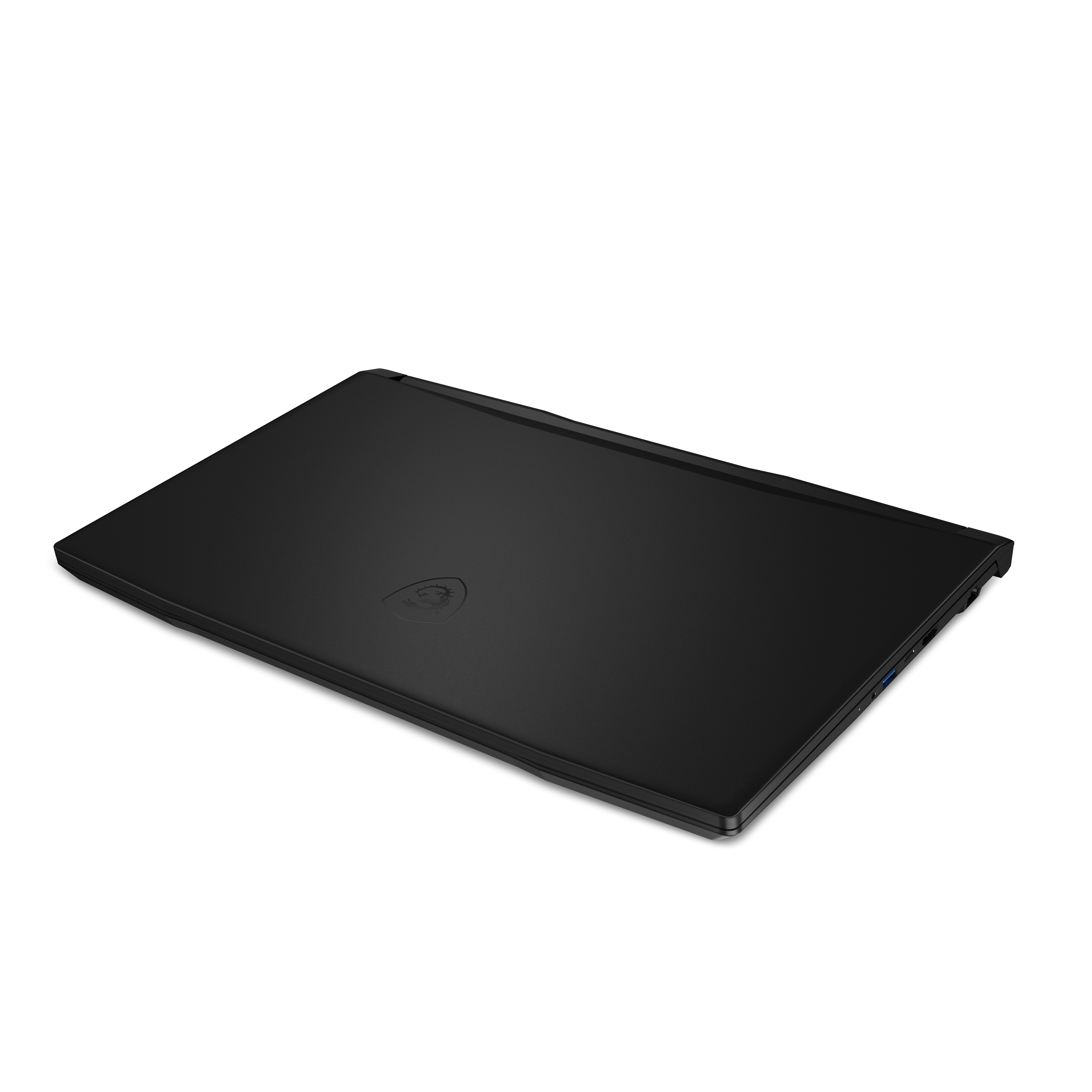 Ordenador portátil negro, cerrado, con el logotipo de MSI visible en la superficie superior.
