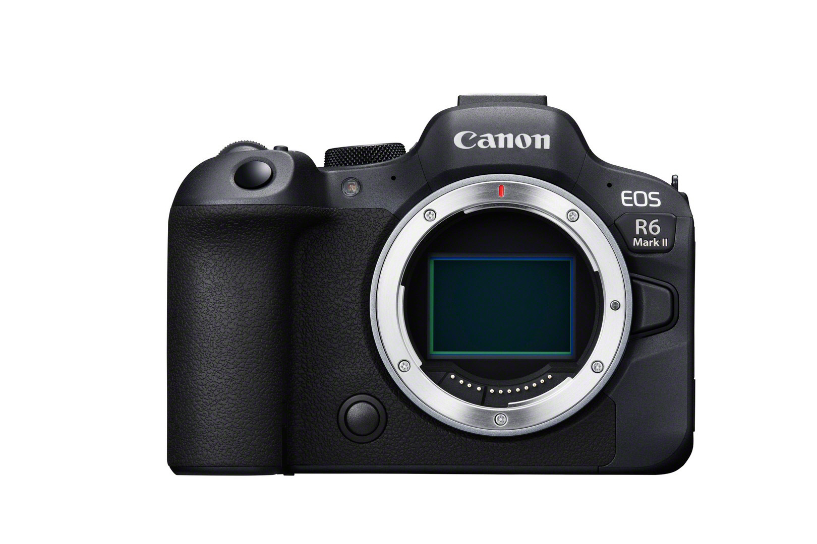 Schwarze Canon EOS R6 Mark II Kamera mit Objektiv, vor weißem Hintergrund.