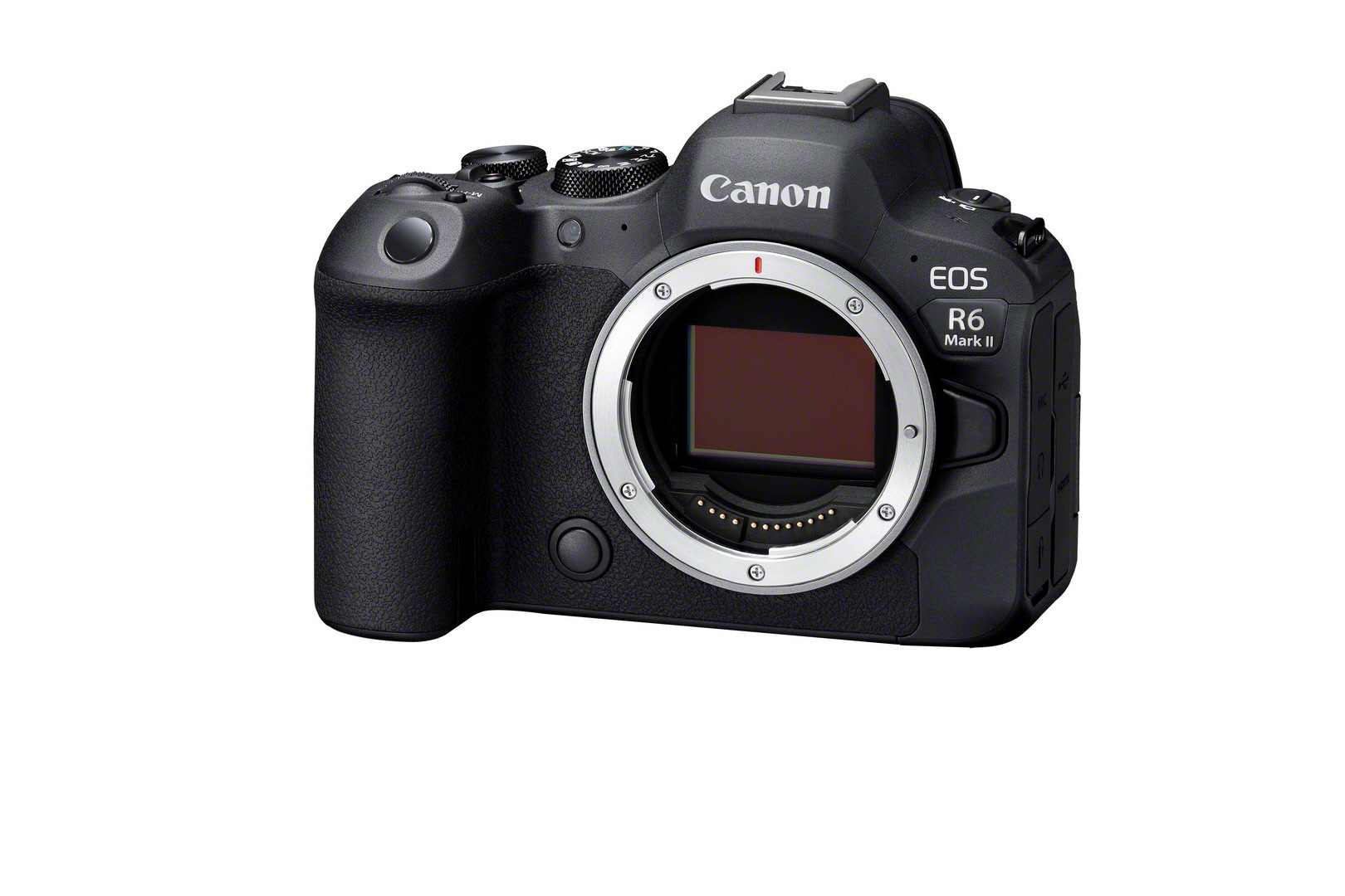 Schwarze Canon EOS R6 Mark II Kamera auf weißem Hintergrund.