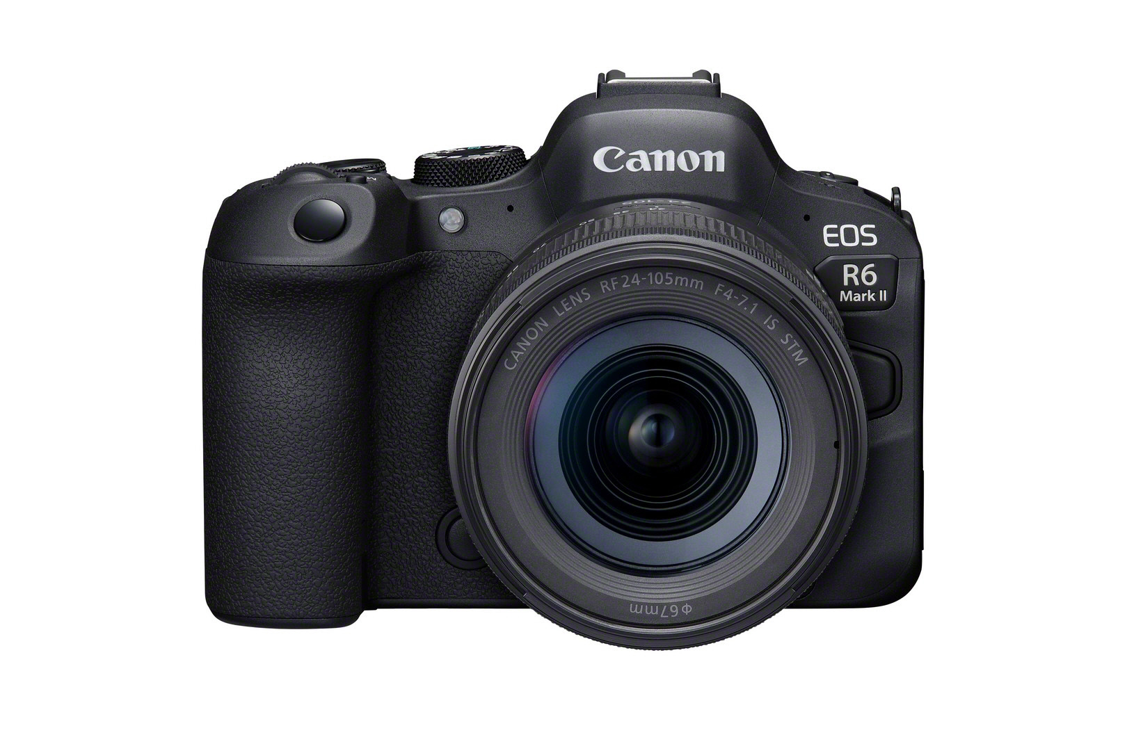 Schwarze Canon EOS R6 Mark II Kamera mit Objektiv. Es ist auf weißem Hintergrund.