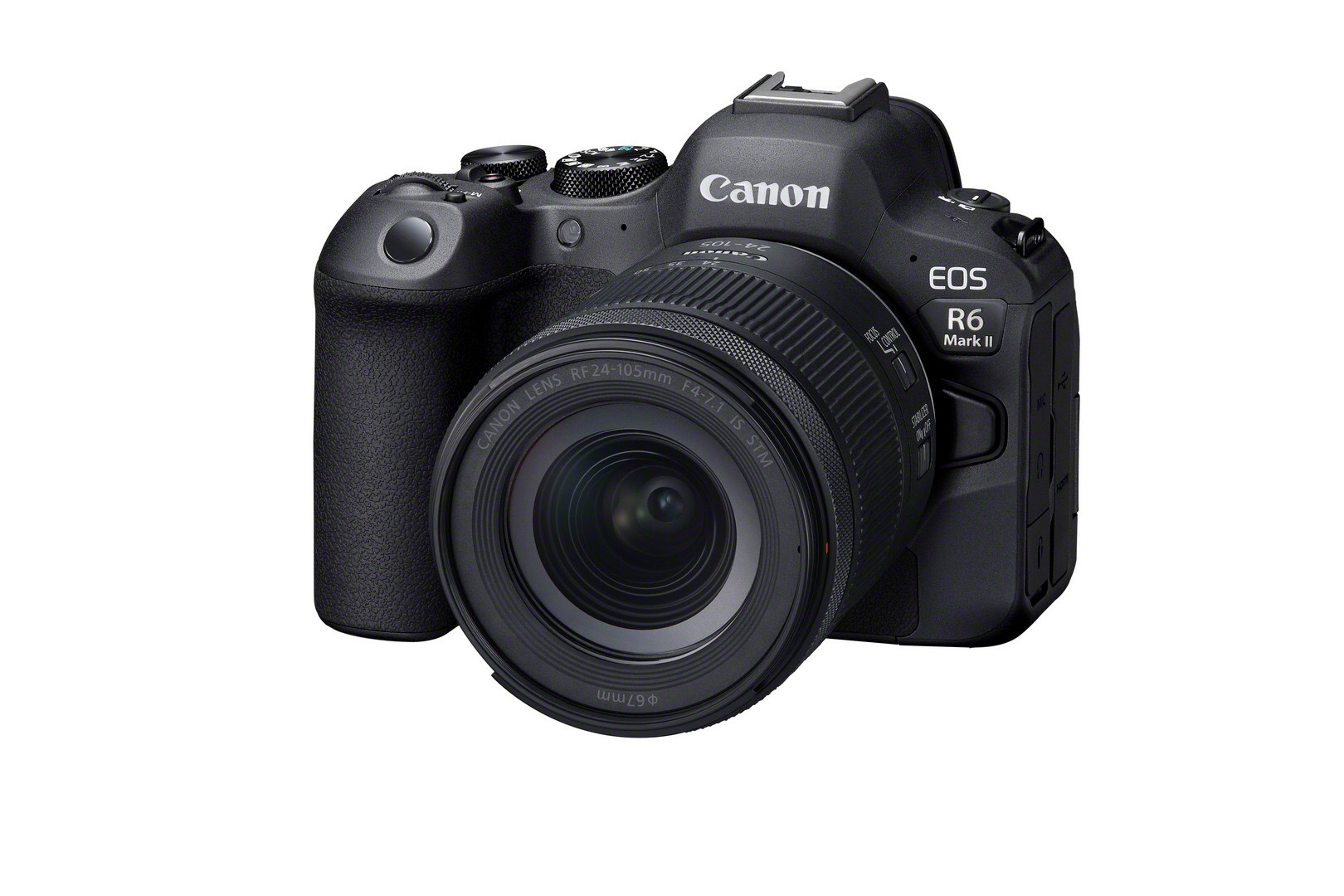 Schwarze Canon EOS R6 Mark II Kamera mit Objektiv, isoliert auf weißem Hintergrund.