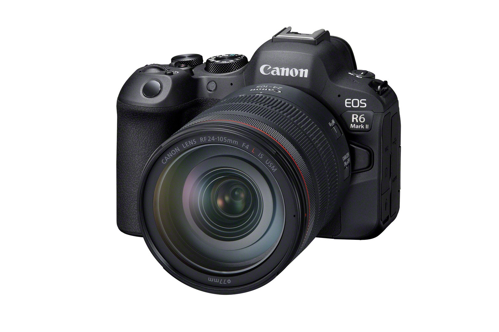 Schwarze Canon EOS R6 Mark II Kamera mit Objektiv, weißer Hintergrund.