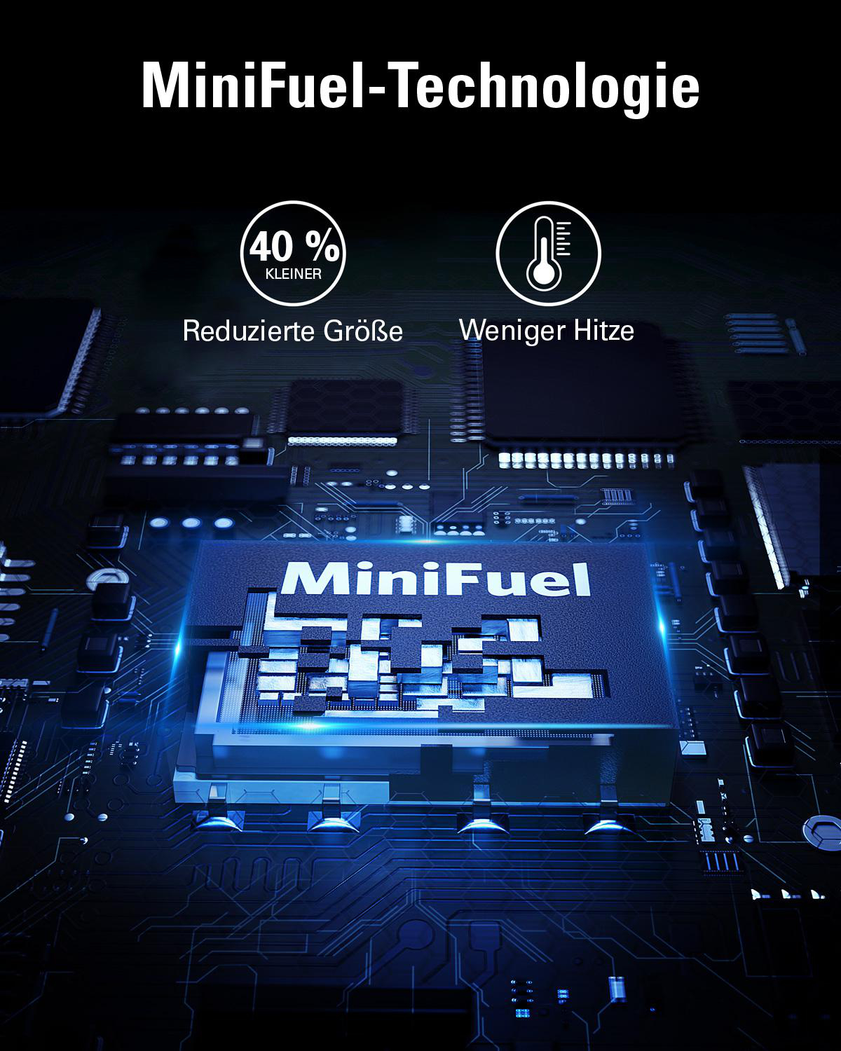 Nahaufnahme einer blauen Platine mit hervorgehobenem MiniFuel-Chip, der die Funktionen der Technologie zeigt.