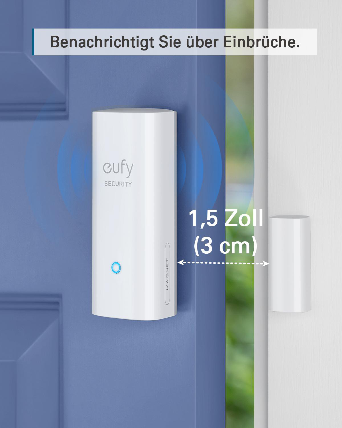 Weißer Eufy-Sicherheitssensor an der Tür, mit einem zweiten Teil daneben.