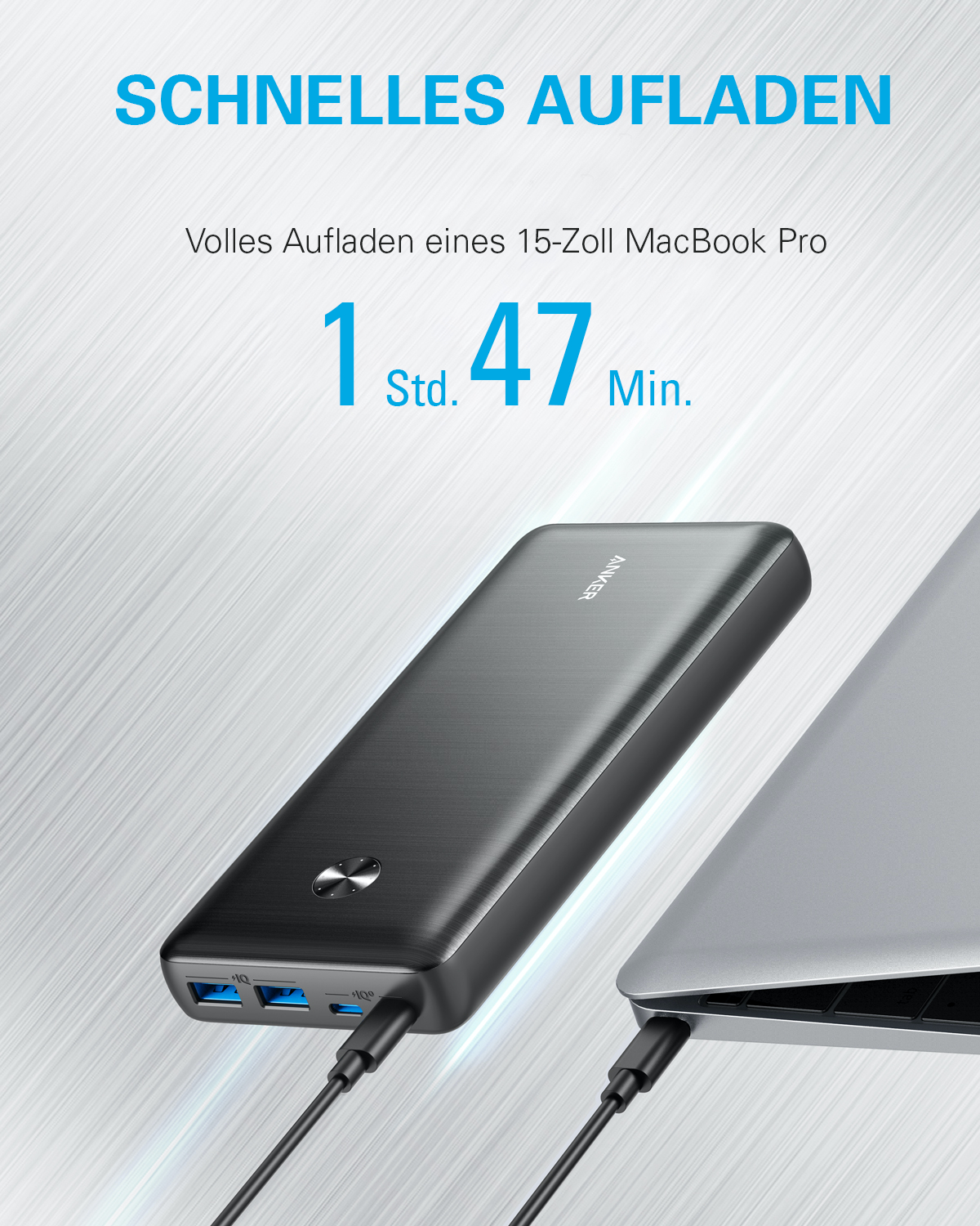 Eine schwarze Powerbank lädt einen Laptop auf. Text: 'Schnelles Aufladen' und Ladezeit: 1 Stunde 47 Minuten.