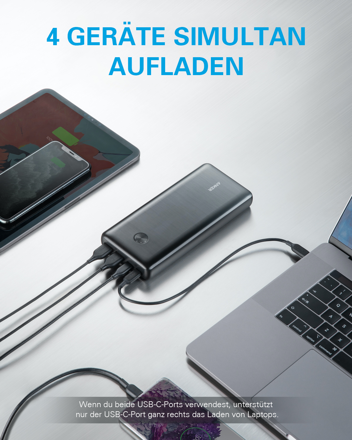 Eine Powerbank lädt vier Geräte: Tablet, Telefon und Laptop. Kabel verbinden alle Geräte. Text: 4 Geräte laden.