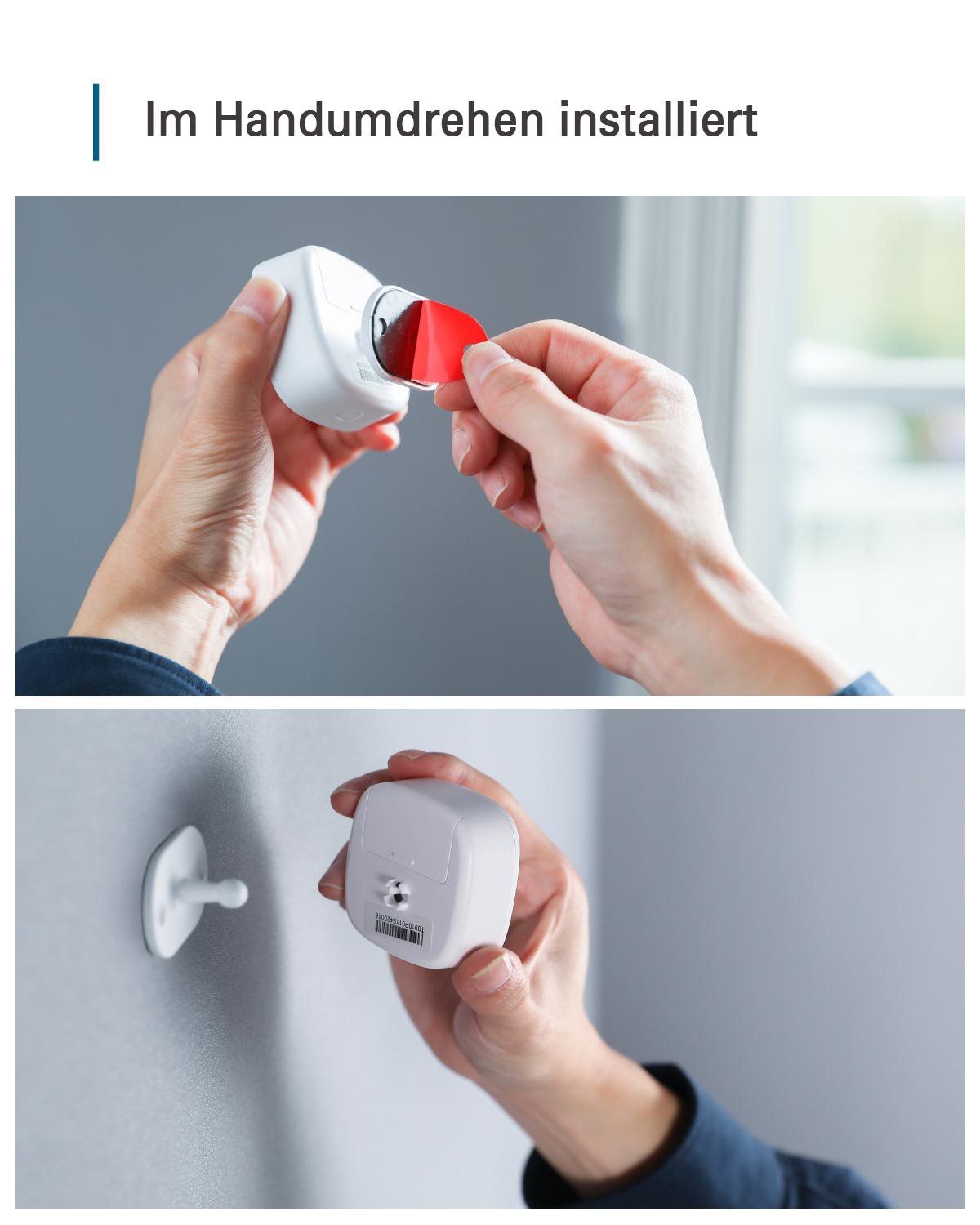 Hände installieren ein weißes Gerät an einer Wand. Das Gerät wird an einer Wandhalterung befestigt.