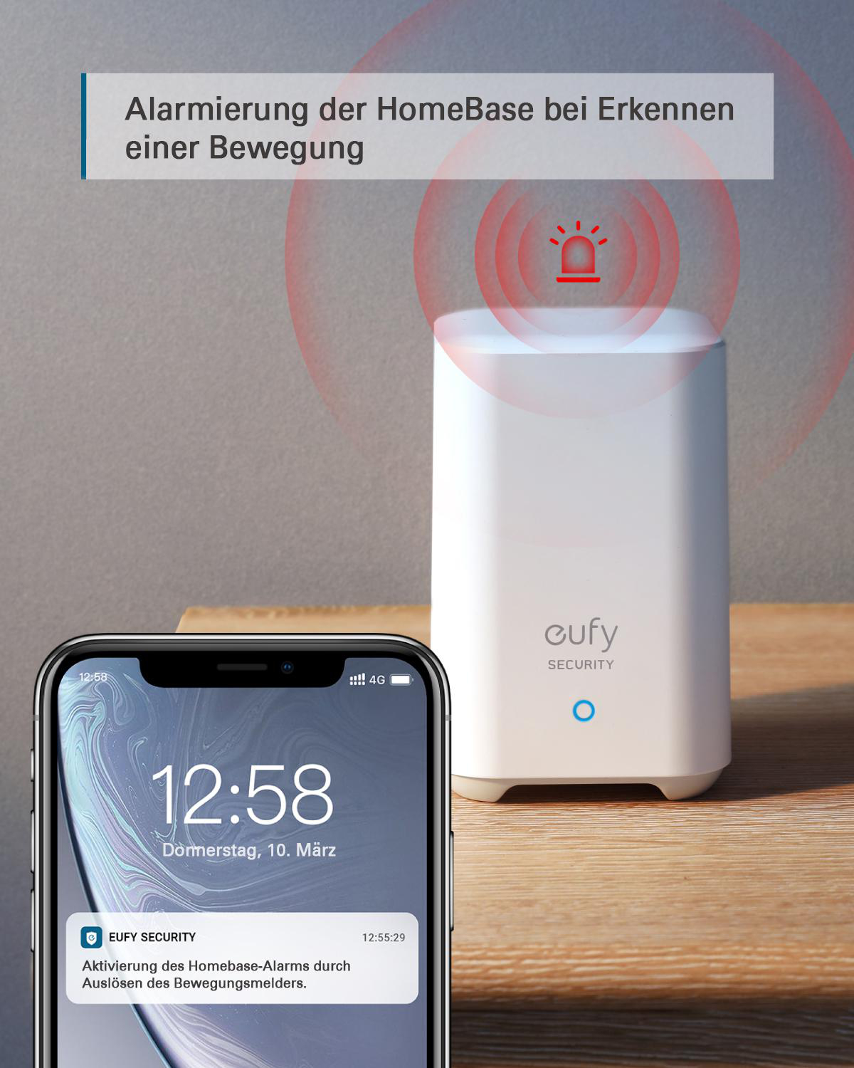 Eine Sicherheitsbasisstation neben einem Telefon, das einen Alarm anzeigt. Die Station sendet Alarmsignale aus.