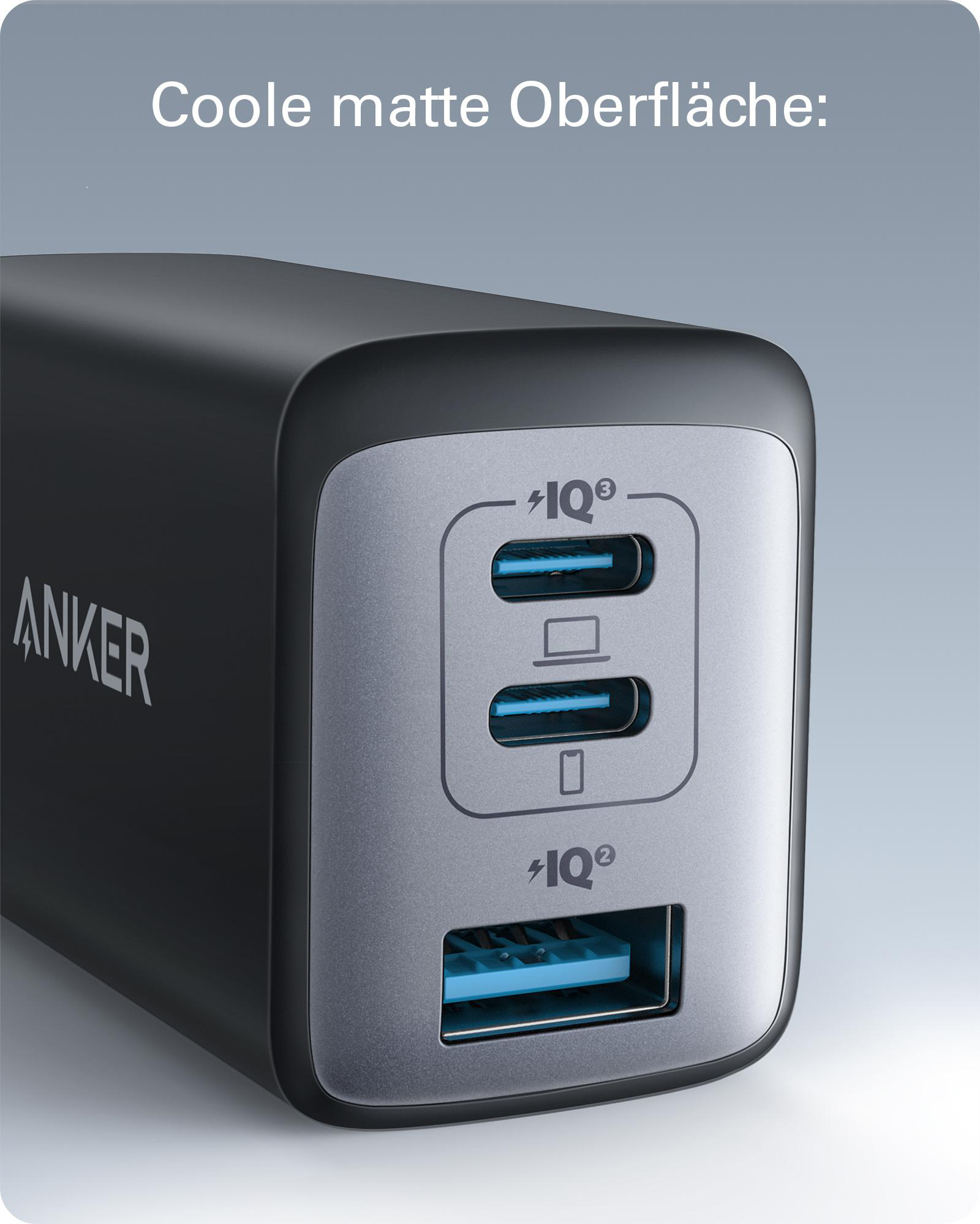 Schwarzes Anker-Ladegerät mit mehreren USB-Anschlüssen, in einer Nahaufnahme auf hellem Hintergrund.