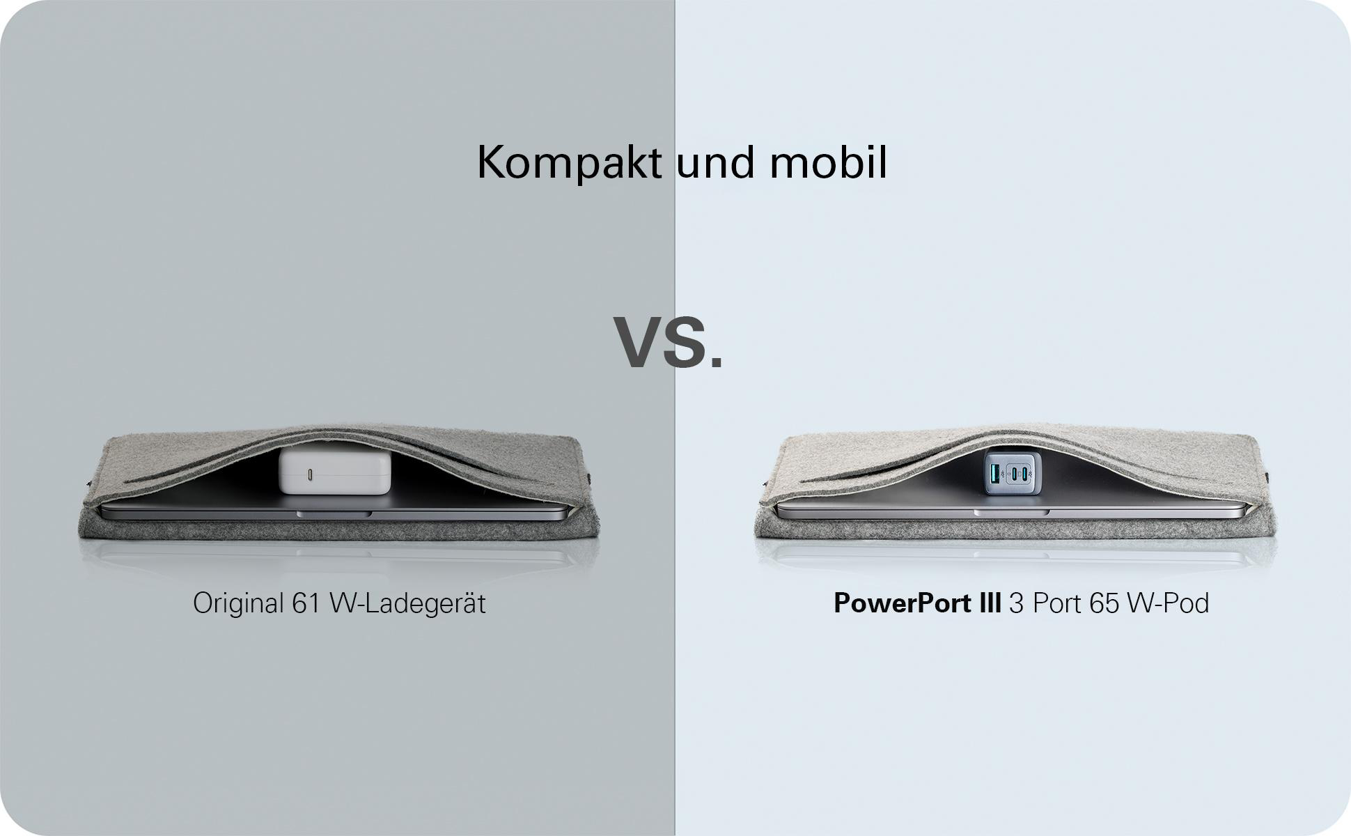Zwei graue Laptop-Hüllen. Eine hat ein Ladegerät, 'Original'. Die andere hat PowerPort III.