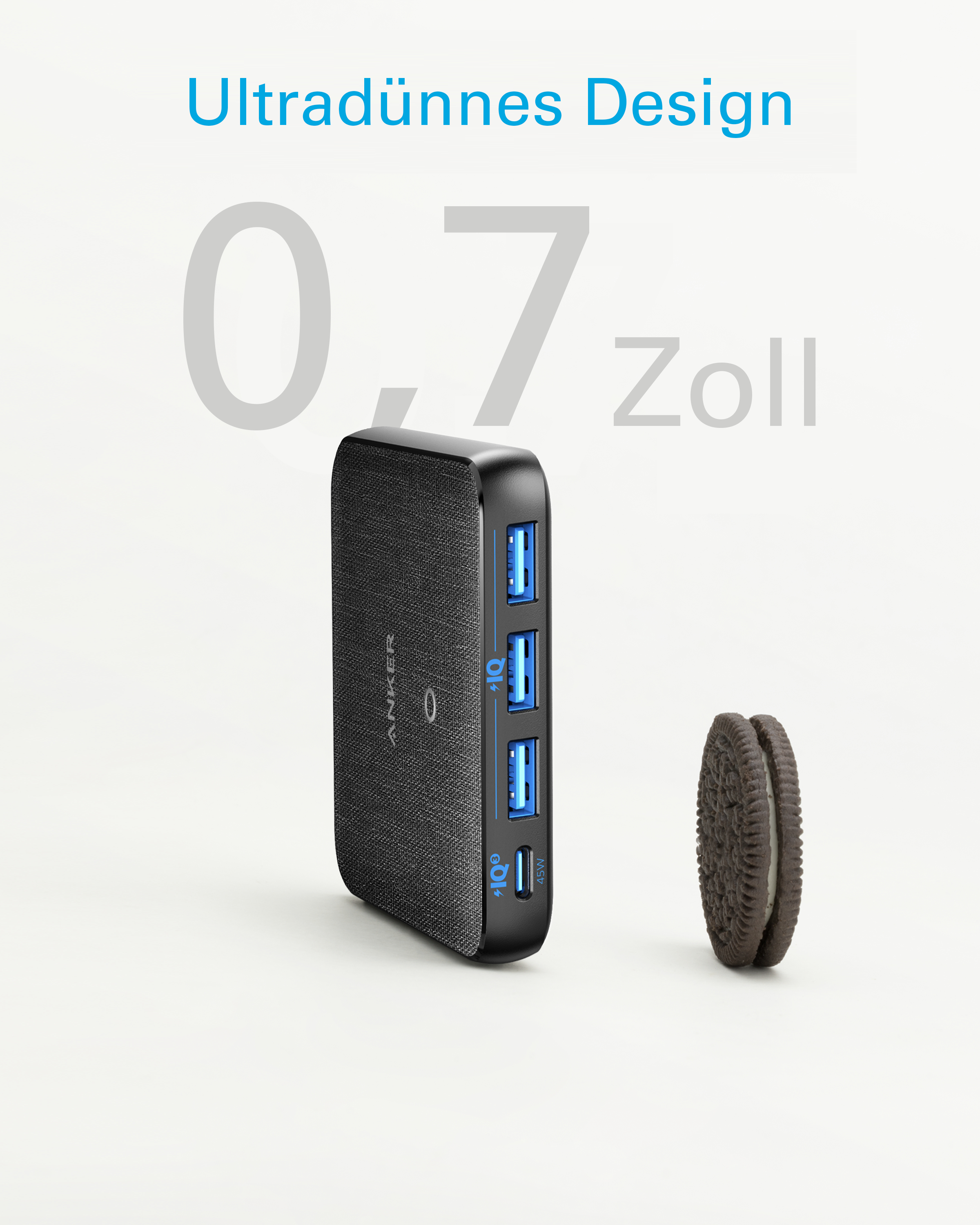 Anker USB-Hub mit einem Oreo-Keks, schwarzes und graues Gerät.