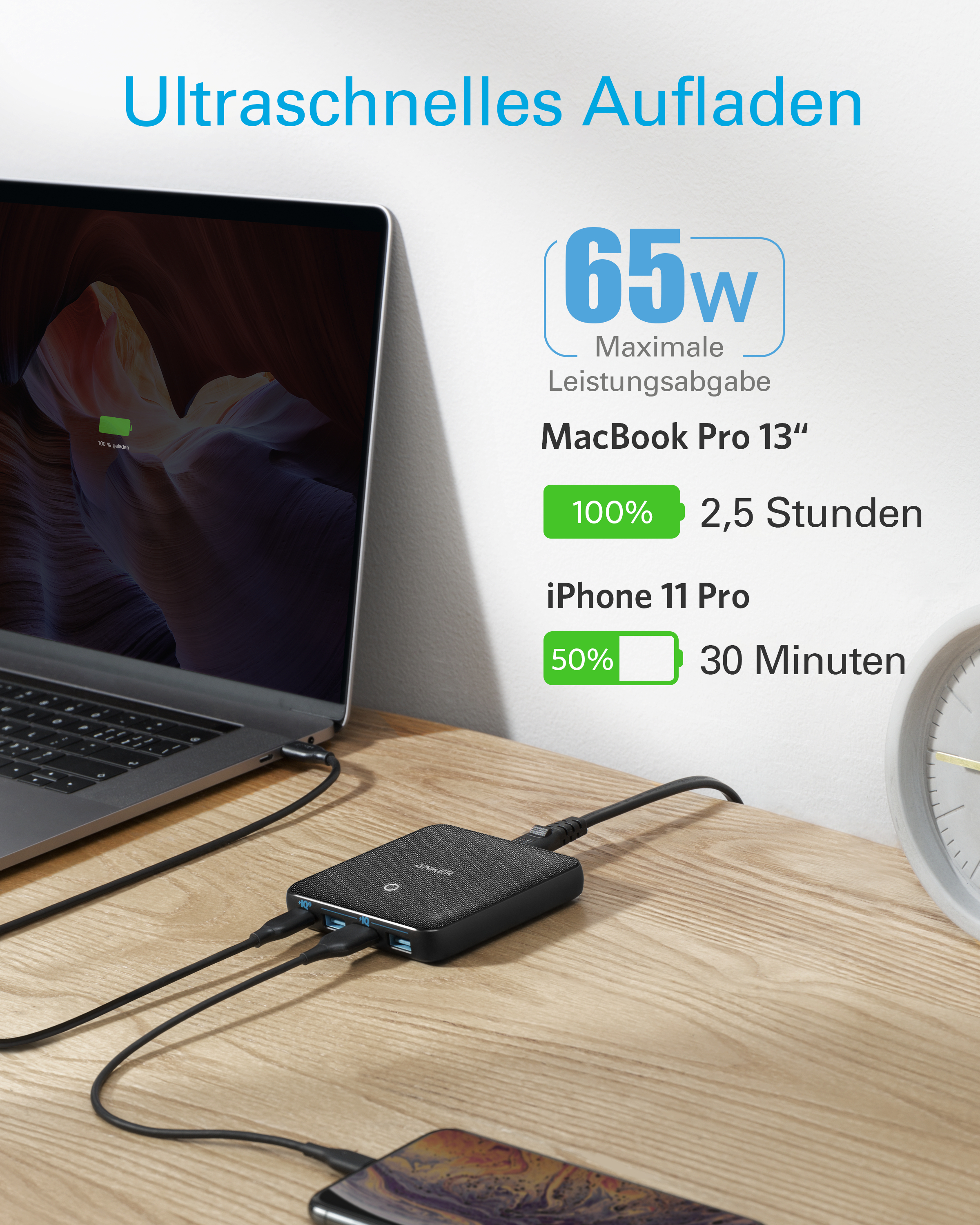 Eine schwarze Powerbank mit Laptop und Telefon. Der Text gibt eine maximale Leistung von 65 W an.