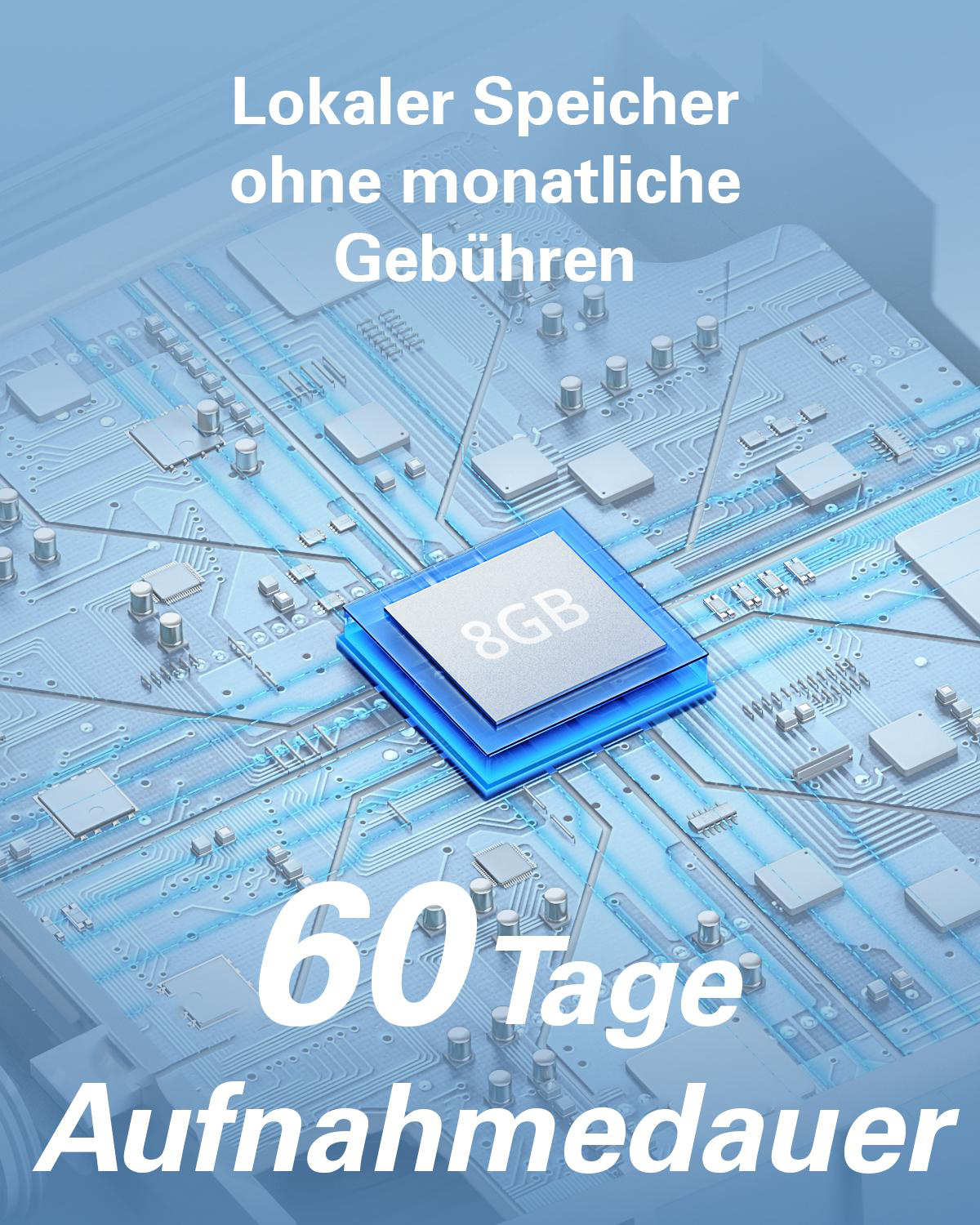 Ein 8GB Chip auf einer Leiterplatte mit Text 'Lokaler Speicher ohne Gebühren'.